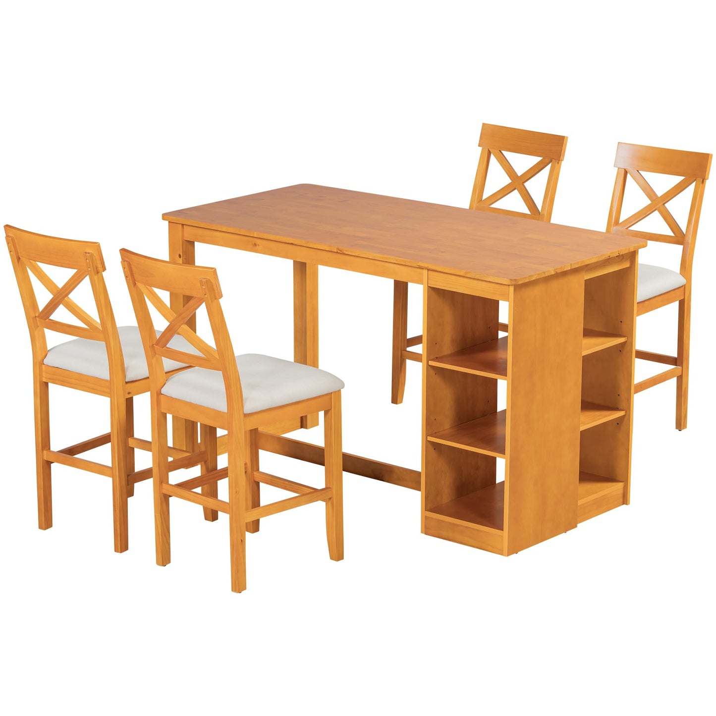 Merax 5 Piece Solid Wood Farmhouse Counter Height Dining Table Set with 3-Tier Storage Shelves,Upholstered Cross-Back Dining Chairs for 4,Rustic Dining Furniture for Kitchen,Dining Room,Brown