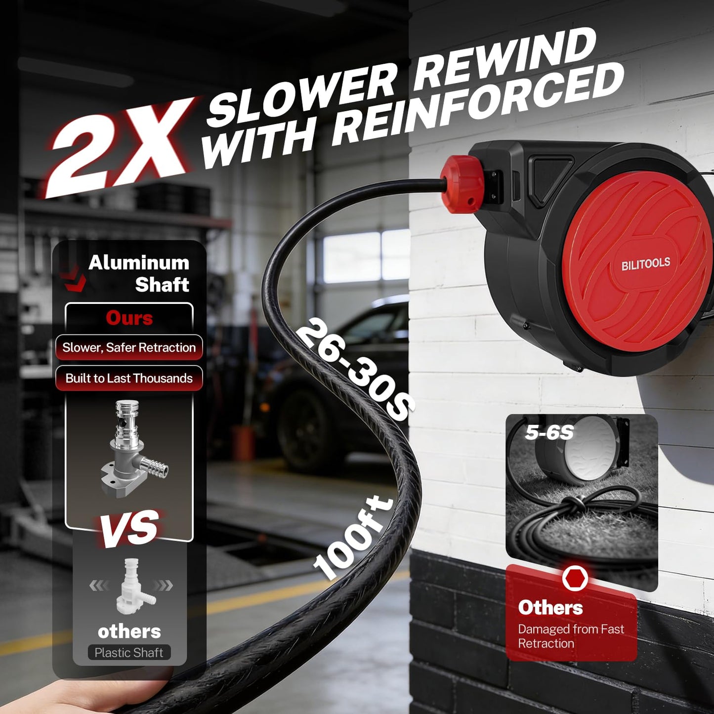 BILITOOLS Retractable Air Hose Reel, 3/8" x 100 ft Hybrid Air Hose Max 300PSI, Enclosed Air Compressor Hose Reel with Auto Rewind & 6.5 ft Lead-In Hose, 180° Swivel Wall/Ceiling Mount