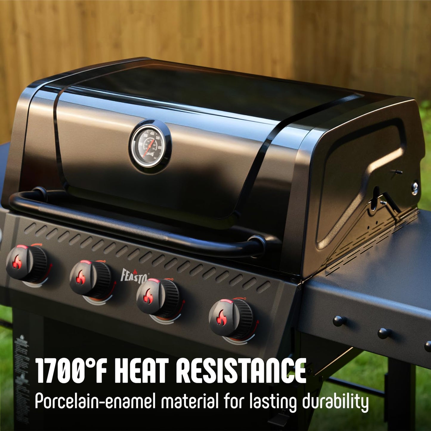Feasto 4-Burner Gas BBQ Grill with Side Tables, 36,000 BTU Outdoor Propane Grill with Premium Enameled Coated Chamber Body & Porcelain-Enameled Grates for Deck Party & Patio BBQ, 559 Sq. In., Black