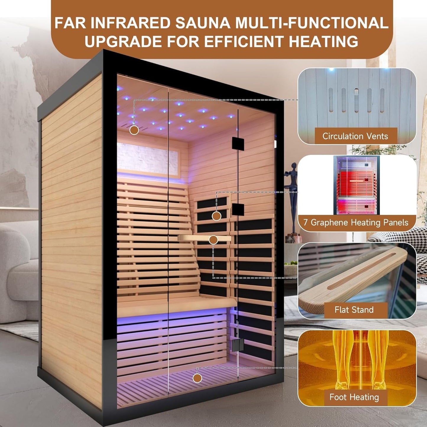 Infrared Sauna for 2 Person, Far Infrared Home Dry Sauna, Low EMF Canadian Hemlock Wood Sauna for Men Women Elder Indoor Use, Starry Starlight Ceiling, Fast Heating Easy Assembly 53.2×47.2×74.8"