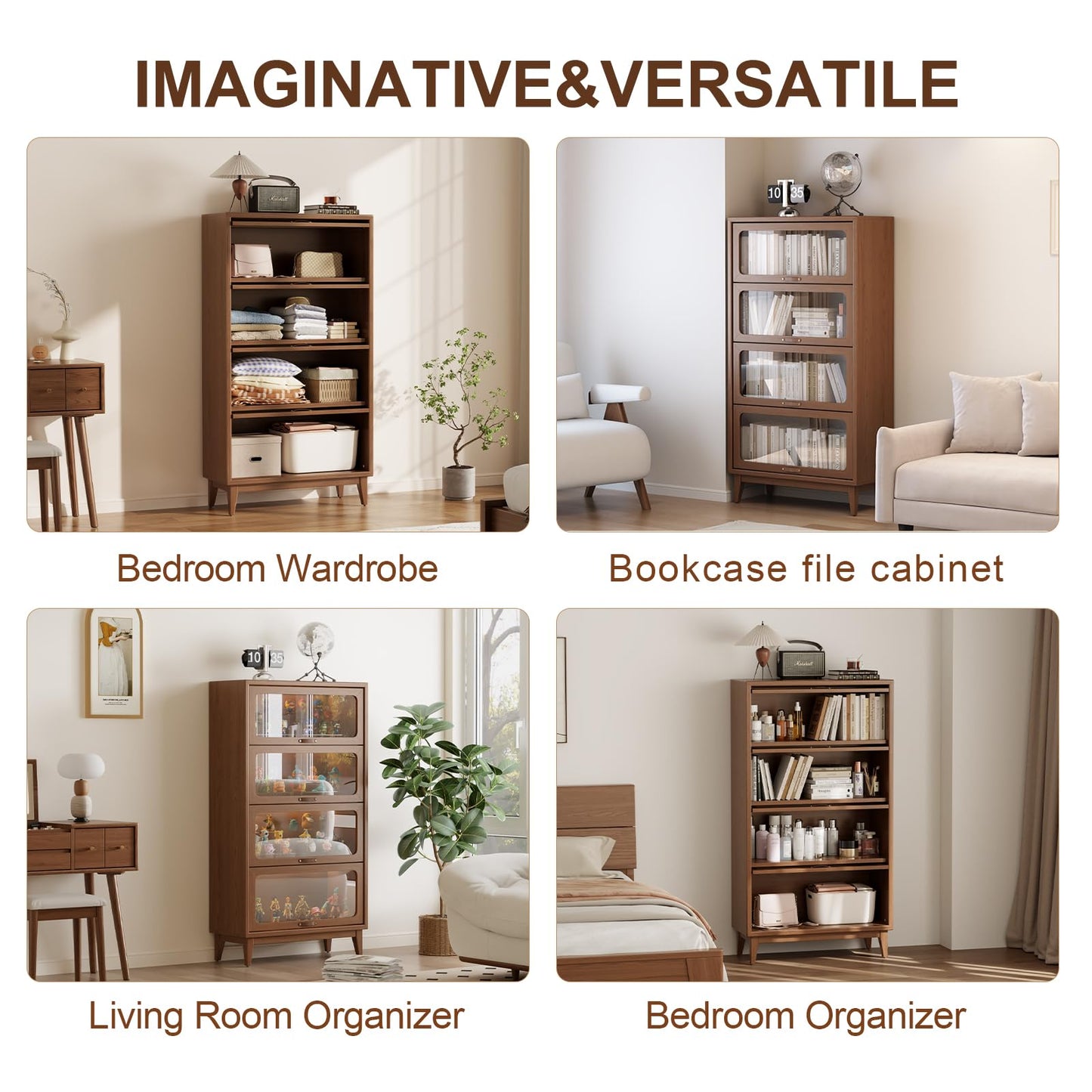 AnywaysWood Solid Wood Bookcase 4-tire with Tempered Glass Flip-Up Doors,60Hx13.7Dx32W Bookshelves Finish Cube Storage Organizer,Bookshelf Versatile Pantry Cabinet for Living Room Home Office