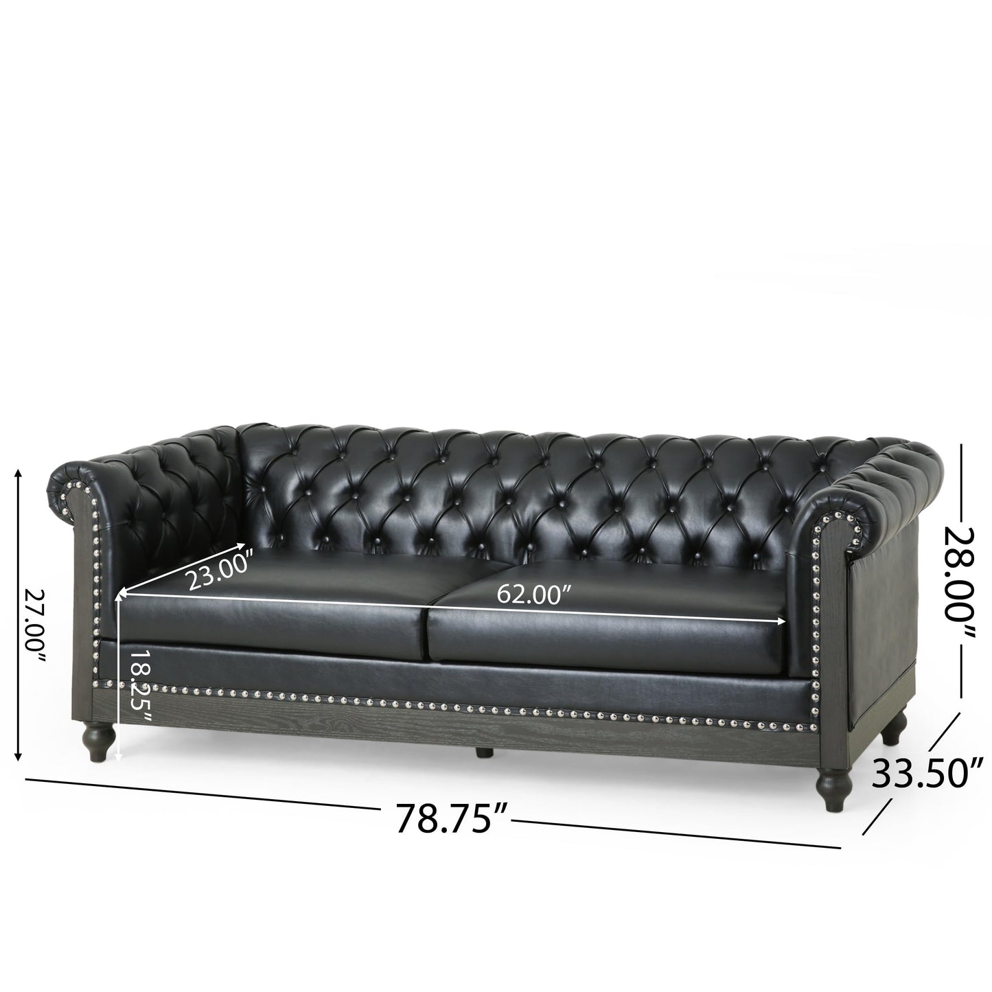 Merax PU Chesterfield Sofa, Retro Upholstered 3 Seater Leather Couch Rolled Arm for Living Room Bedroom Office, Black