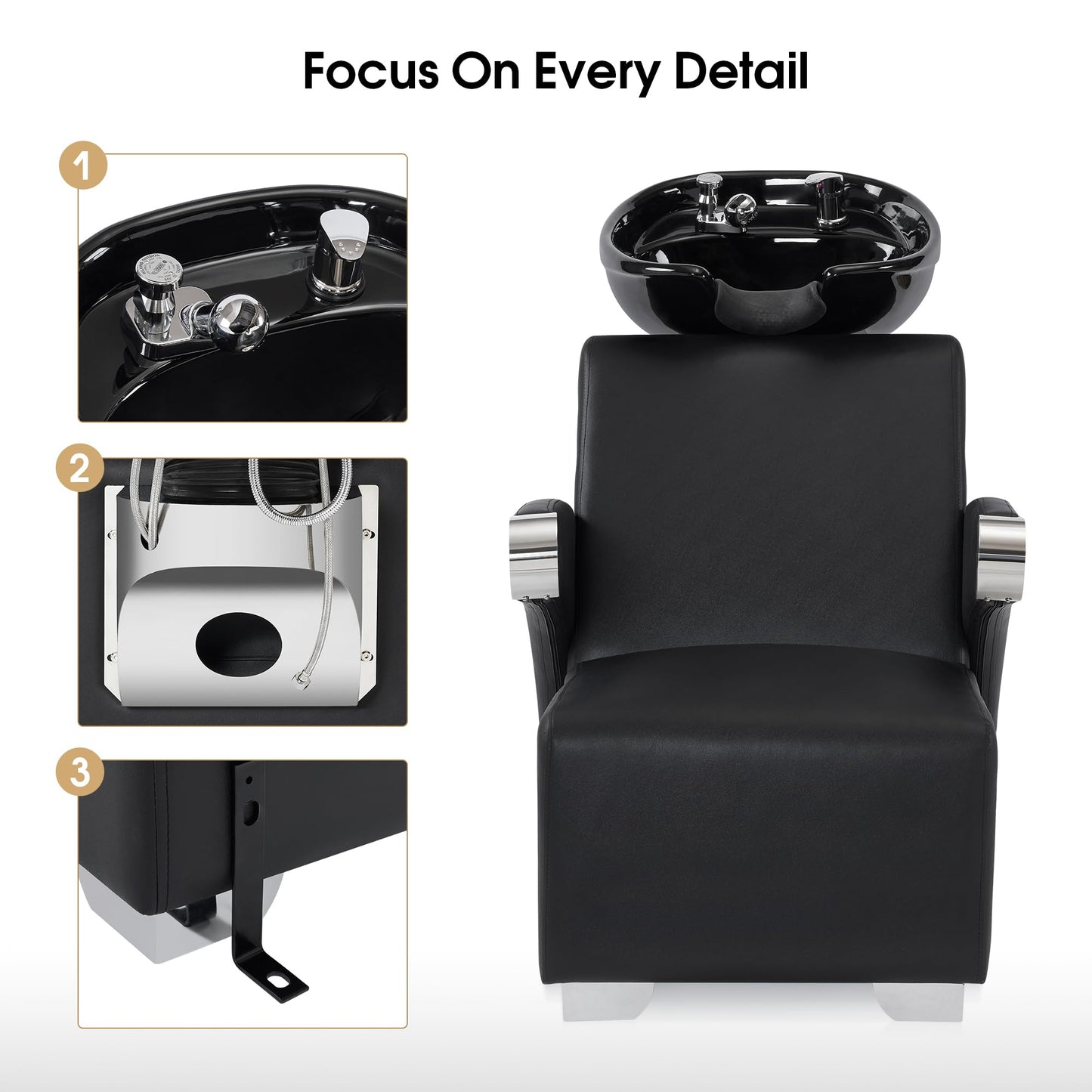 BarberPub Ceramic Bowl Backwash Shampoo Chair, Adjustable Hair Wash Sink and Chair Set for Professional Barbershop, Home&Beauty Spa Salon 9102 (Black)