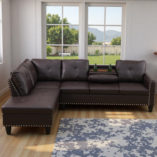 Trygoal L Shape Sectional Couch with Chaise, 97.5 Inch Modular Sofa with Cup Holders, Sectional Couches for Living Room, Ergonomic Reclined Backrest, for Office and Small Apartment, Brown
