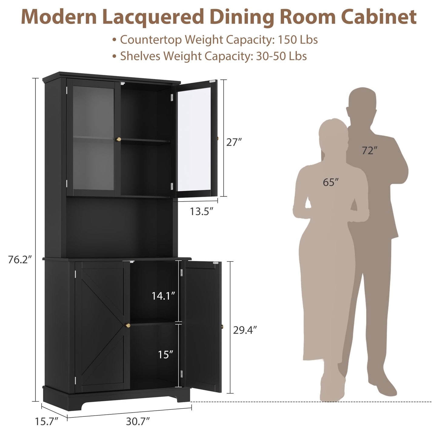 72" Tall Black Kitchen Hutch Cabinet with Glass Doors, 41" Wide Freestanding Storage Cabinet with Charging Station & LED Lights, Open Counter Shelf and Double Lower Doors, Farmhouse Buffet for Dining