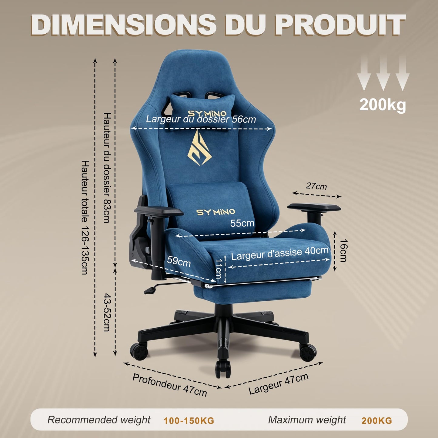 Symino Gaming Chair, Ergonomic Office Chair with 2D Armrests, 150° Recline, Breathable Faux Suede Fabric, Adjustable Headrest, Computer Desk Chair for Home Office, with Footrest, Blue