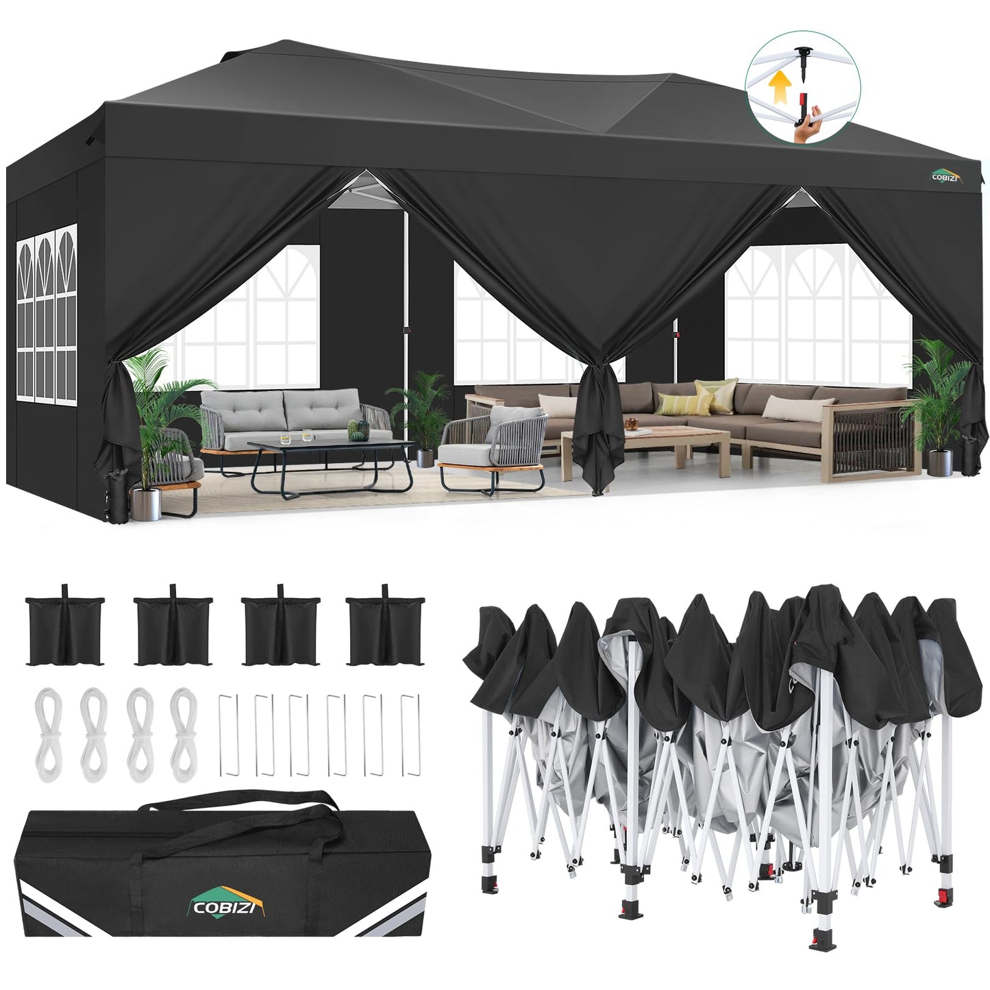 COBIZI Canopy 10x20 Pop Up Canopy Tent with 6 Sidewalls, One Push Party Tents for Parties Outdoor Wedding Waterproof Gazebo Commercial Event Tent with Sandbags, Black