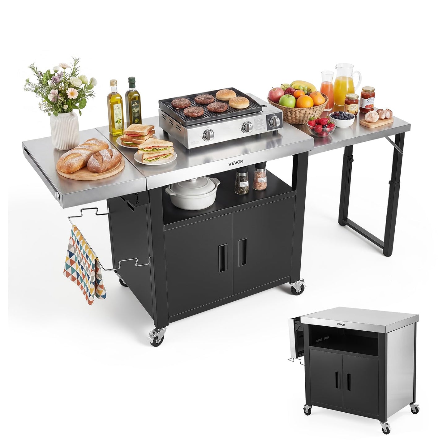 VEVOR Outdoor Grill Cart with Storage Cabinet, 74.8 Inch Grill Table, Waterproof Kitchen Island with Stainless Steel Top, Pull-Out Plate, Wheels, Movable Food Prep Station for Patio Bar Backyard BBQ