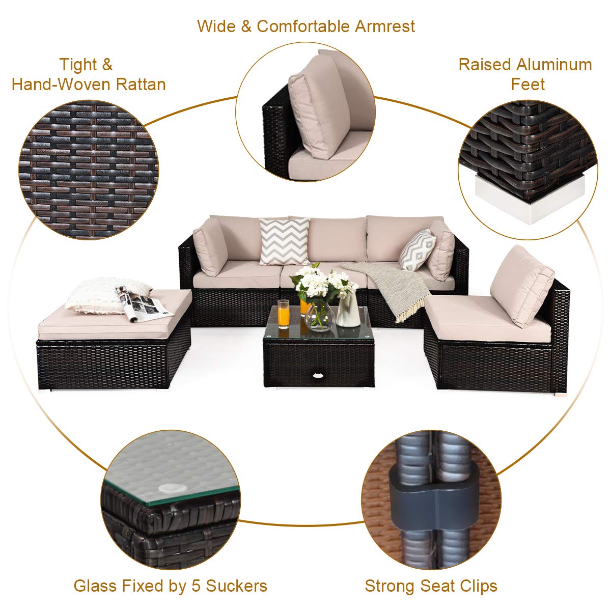 COSTWAY 6-Piece Outdoor Patio Furniture Set, Rattan Sectional Sofa Set with Tempered Glass Coffee Table, Cushions and Ottoman for Garden, Deck, Backyard (Beige)