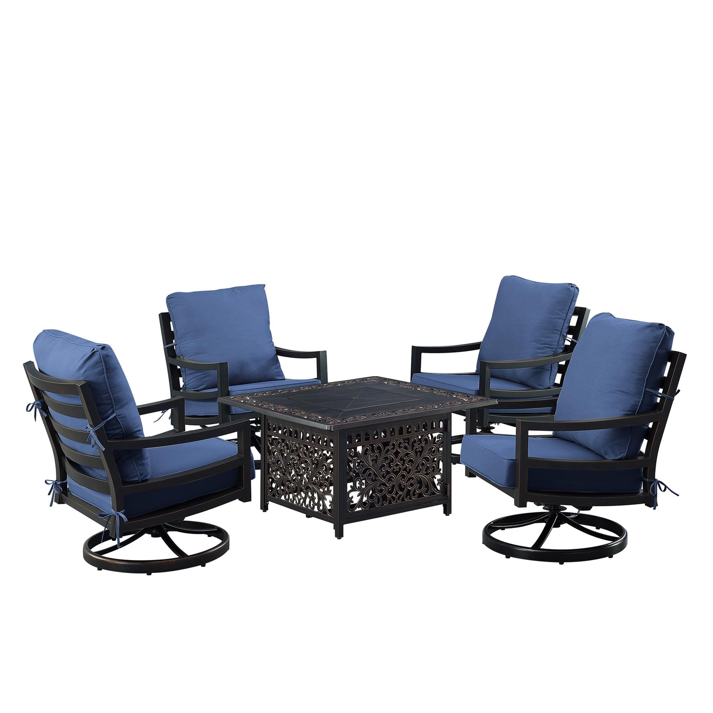Oakland Living Black Aluminum Patio Fire Table Set with Four Club Chairs with Blue Cushions
