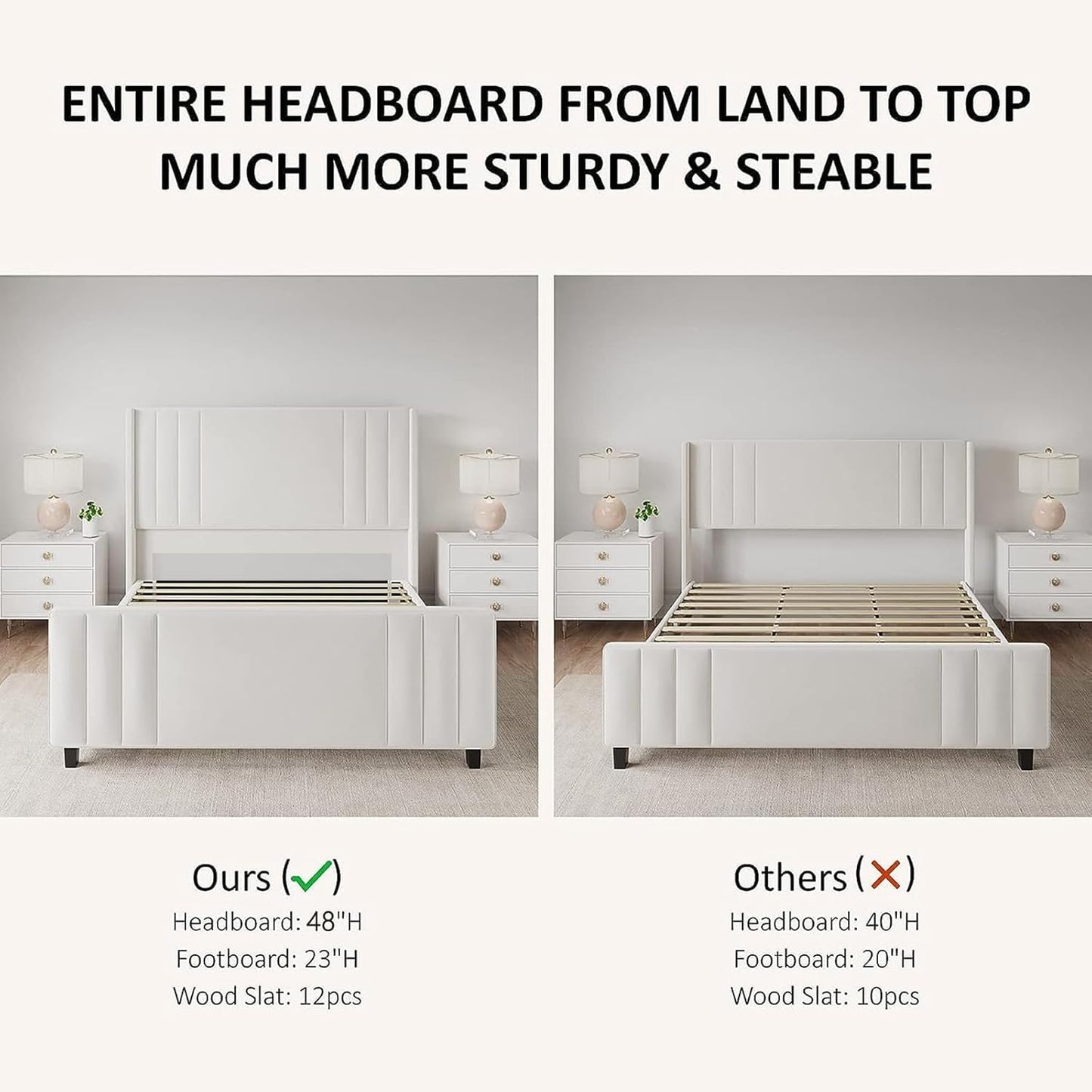Albott Queen Size Platform Bed Frame, Upholstered Bed with Vertical Channel Tufted Wingback Headboard & Footboard, Premium Velvet, No Box Spring Needed, Cream