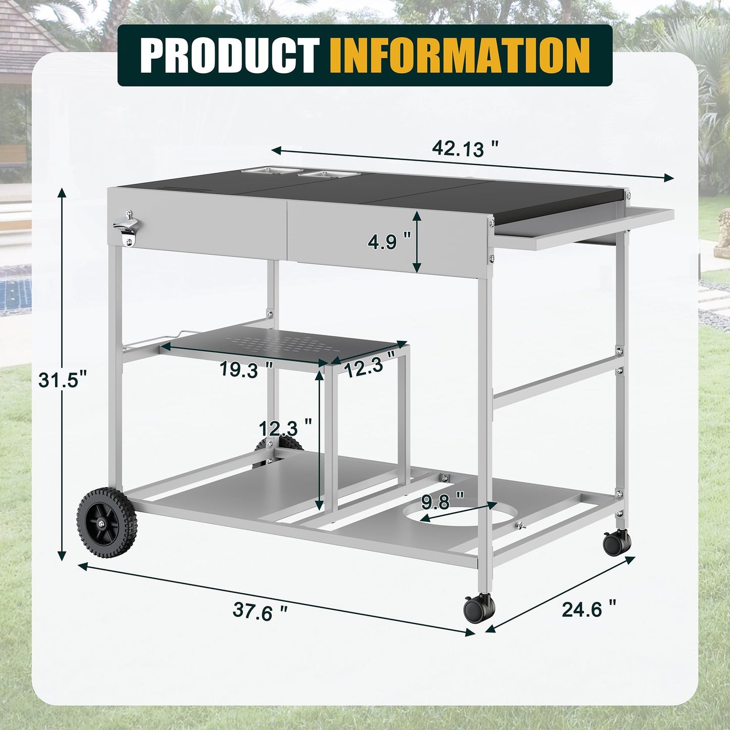 Shintenchi 24.6"x37.6" Pizza Oven Cart Table with Topping Station and Wheels, Outdoor Tabletop Grill Table Stand, Movable Food Prep Workcart Fits for Ninja Blackstone Woodfire Grill