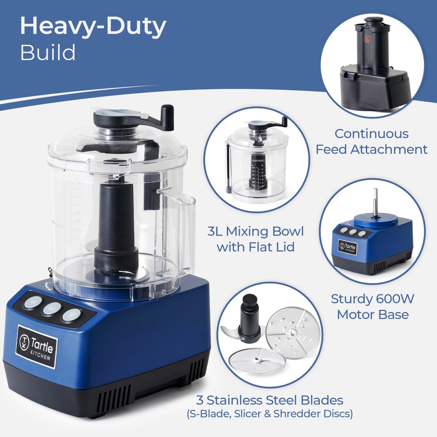 TK Tartle Commercial Food Processor - Heavy-Duty 600W Electric Chopper, Slicer & Shredder w/Flat lid, Continuous Feed, 3L Mixer Bowl & Stainless Steel Blades