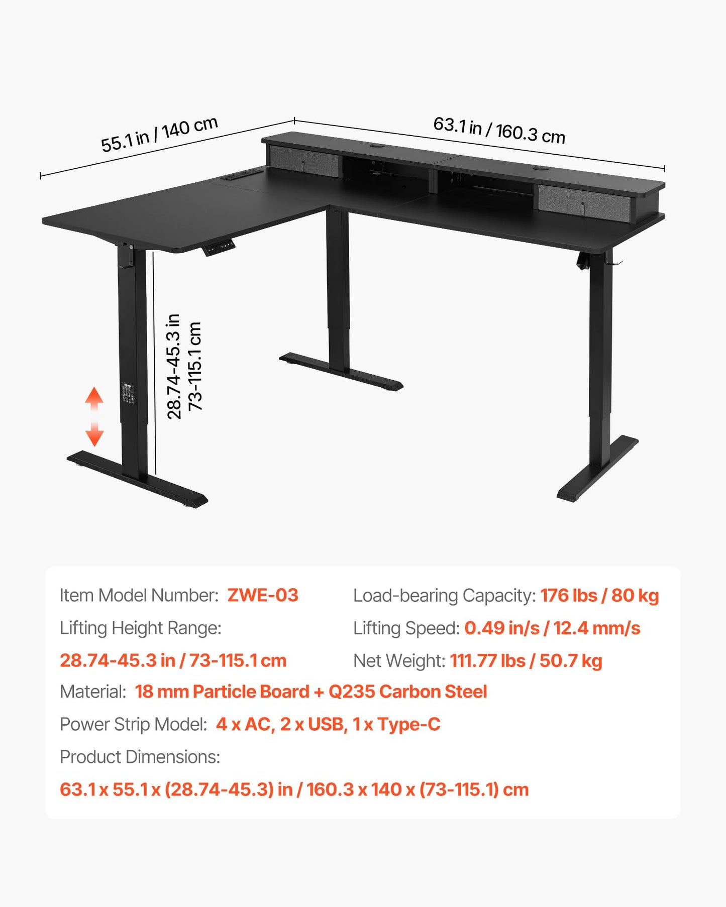 VEVOR L Shaped Electric Standing Desk with 2 Drawers, 63 x 55 inch Adjustable Height Corner Desk with Storage, Sit Stand up Computer Table with Light Strips for Office Home, Easy to Assemble, Black