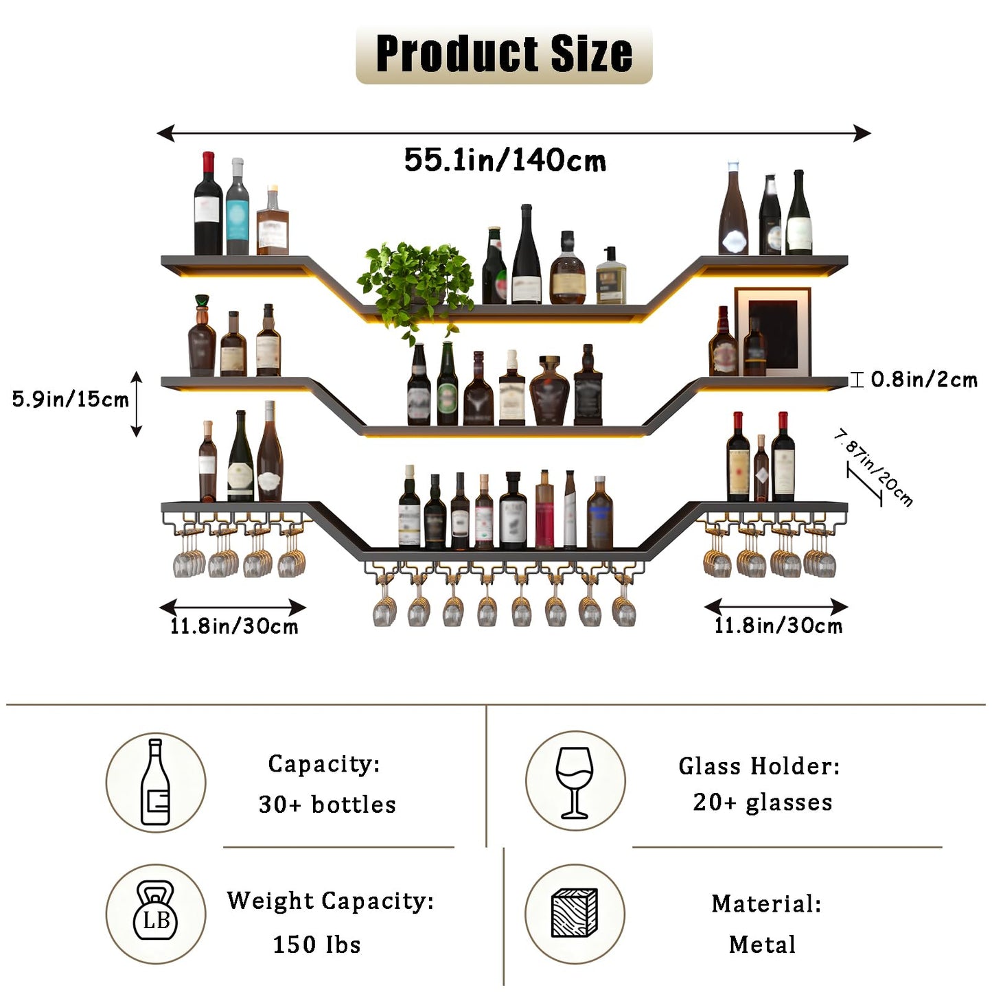 55.1in Modern LED Wine Rack Wall Mounted, 3-Tier Floating Bar Shelves with Wine Glass Rack, Large Hanging Liquor Shelf Wall Mounted, for Home Bar Dining Room Cafe Decorative (Black, 55.1in/140cm)