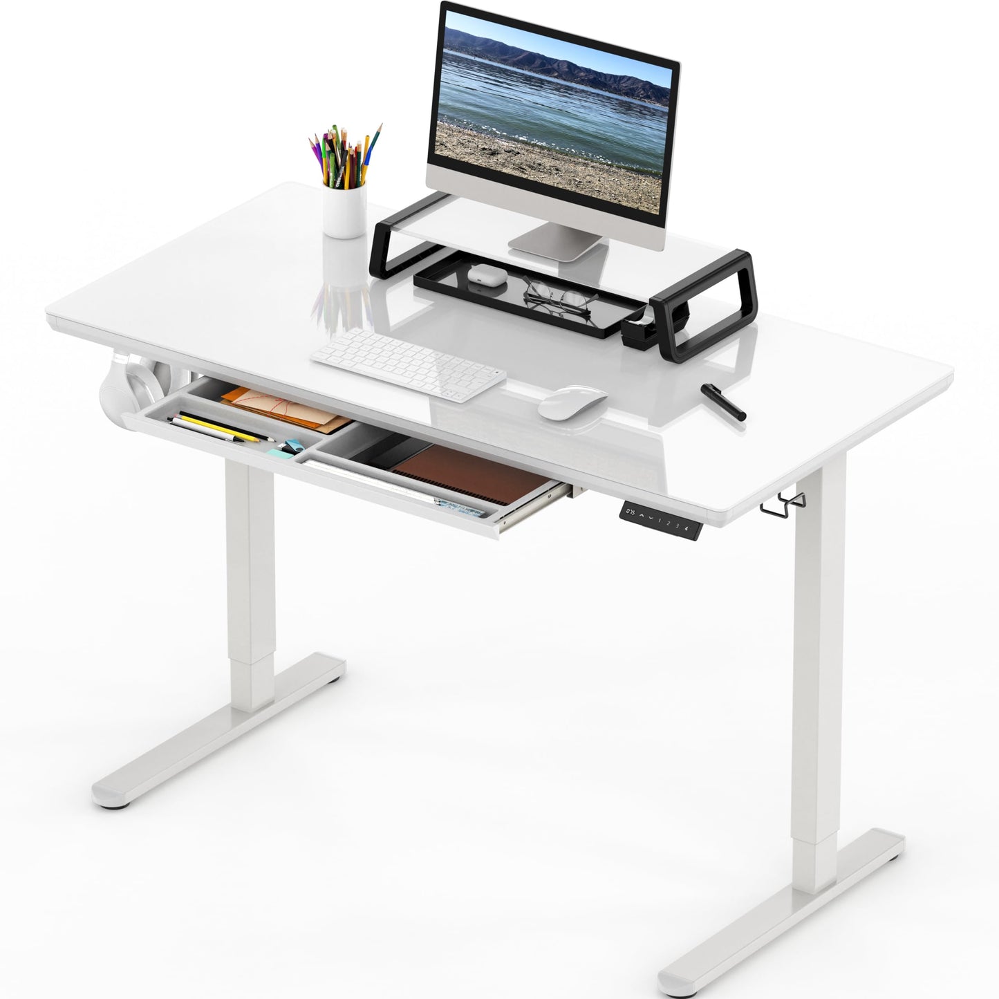 SHW 48x24 Glass Electric Height Adjustable Standing Desk – Motorized Sit Stand Desk with Monitor Riser, Pull-Out Drawer, Memory Presets, White