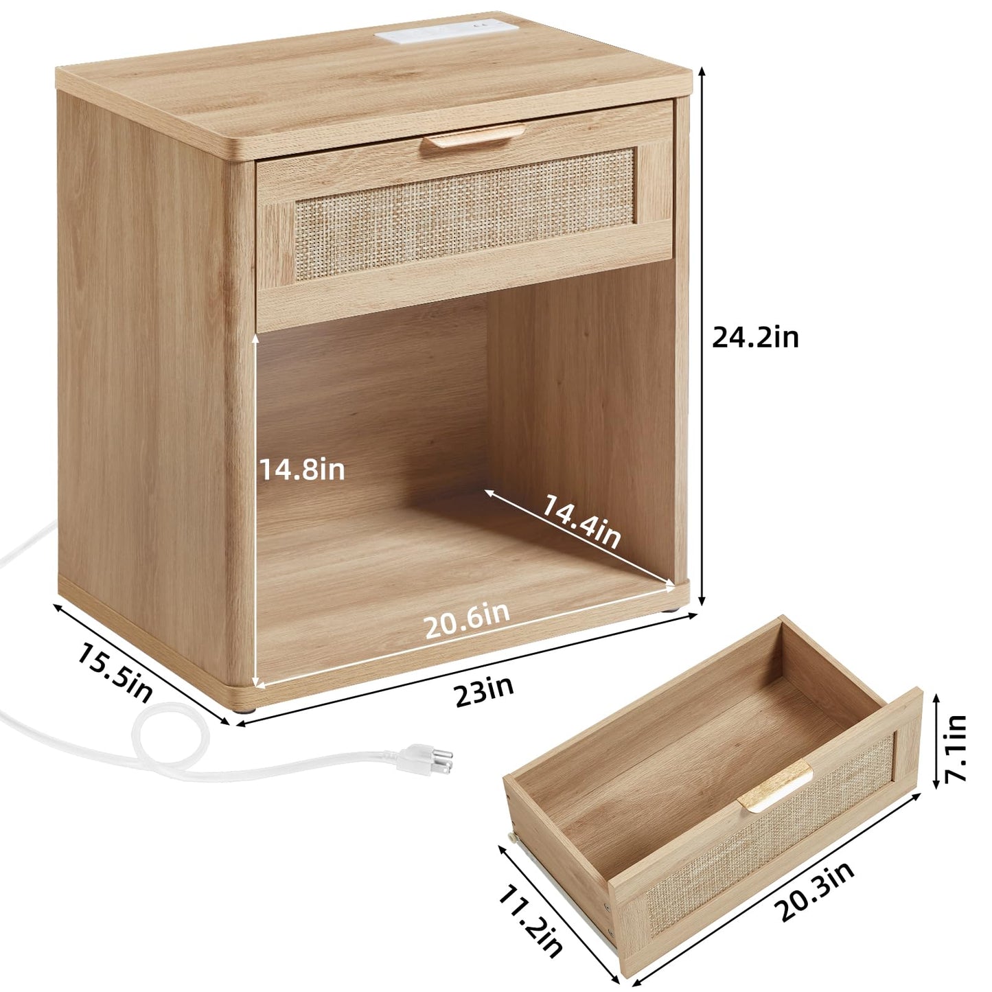 LEYAOYAO Rattan Nightstands Set of 2 with Charging Station, 23" Wide Boho Night Stand with Drawer, Natural Wood Bedside Table Open Cabinet, Bed Side End Table Dresser for Bedroom, Living Room, Hallway