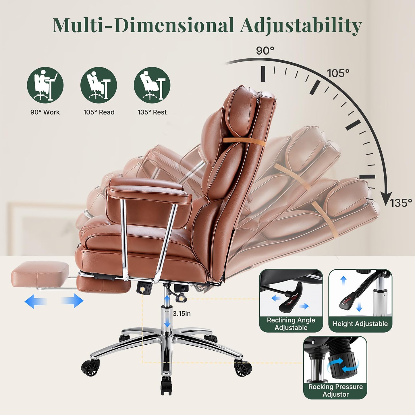 HAPPYMONT Executive Ergonomic Office Chair, PU Leather High Back Reclining Office Chair with Footrest and Lumbar Support, Height Adjustable Rolling Swivel Computer Chair for Home Office,Brown