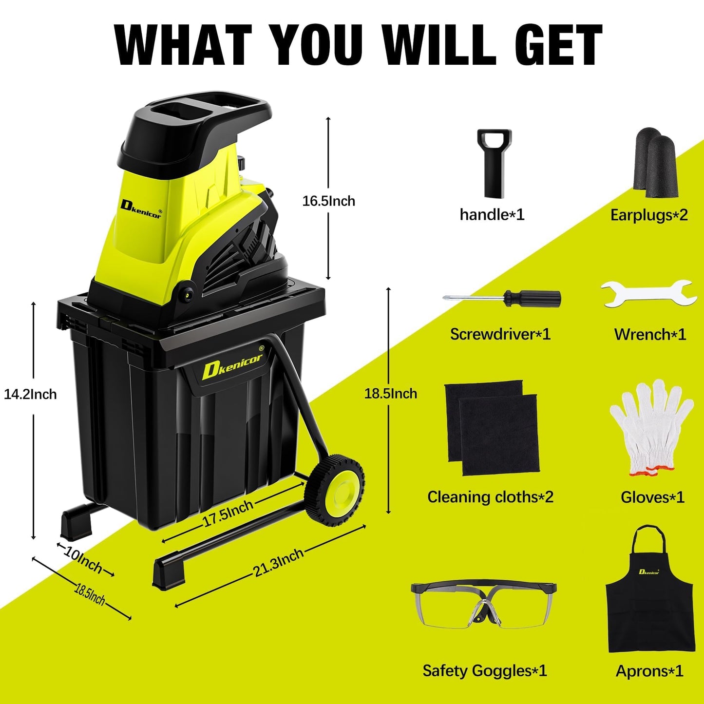 Dkenicor Wood Chipper Shredder,1800W Cutting Diameter of 1.77 inch with 10 Gallon Collection Bin 15-Amp Electric Wood Chipper Shredder for Quick Cleanup Ideal for Branches, Garden Waste, Green