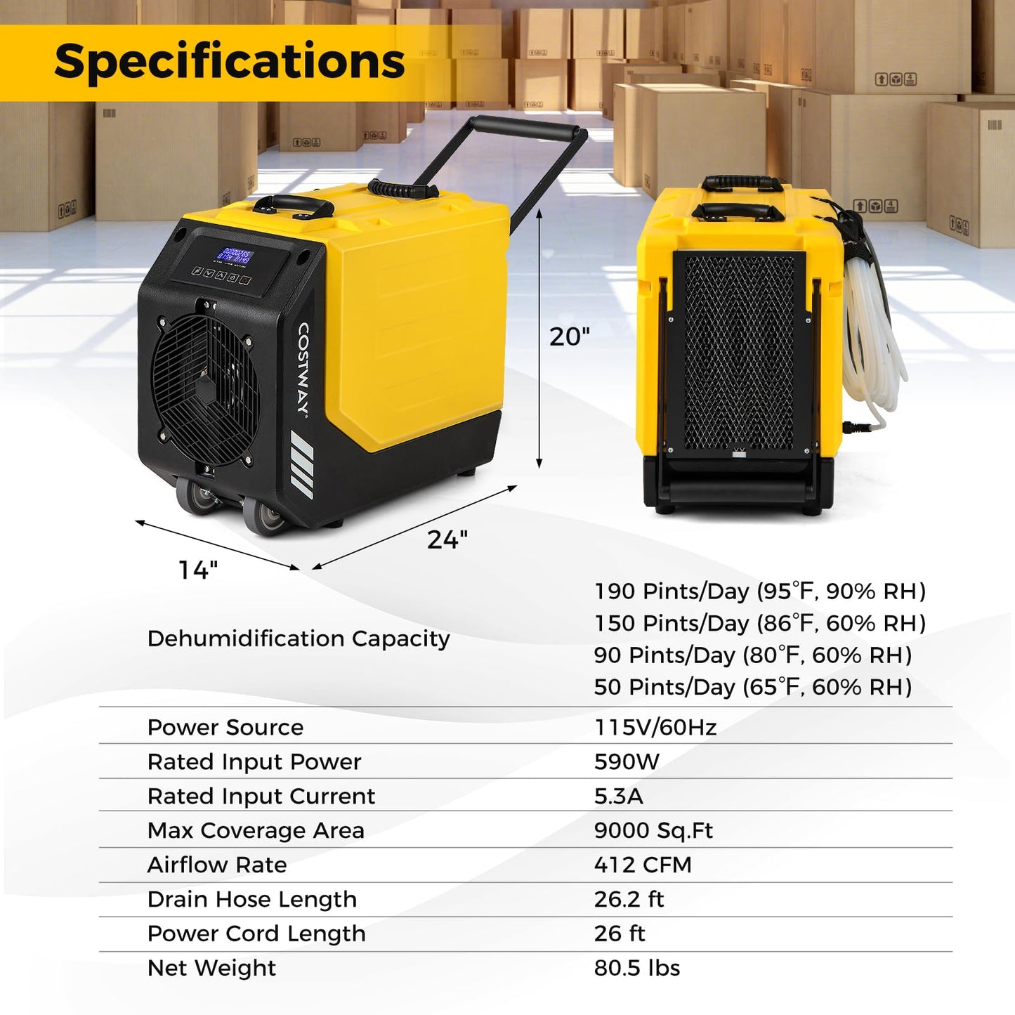COSTWAY 190 PPD Commercial Dehumidifier with Pump, Rotational Molded Crawl Space Dehumidifier with 26Ft Drain Hose for Water Damage Restoration, Basement (Yellow)