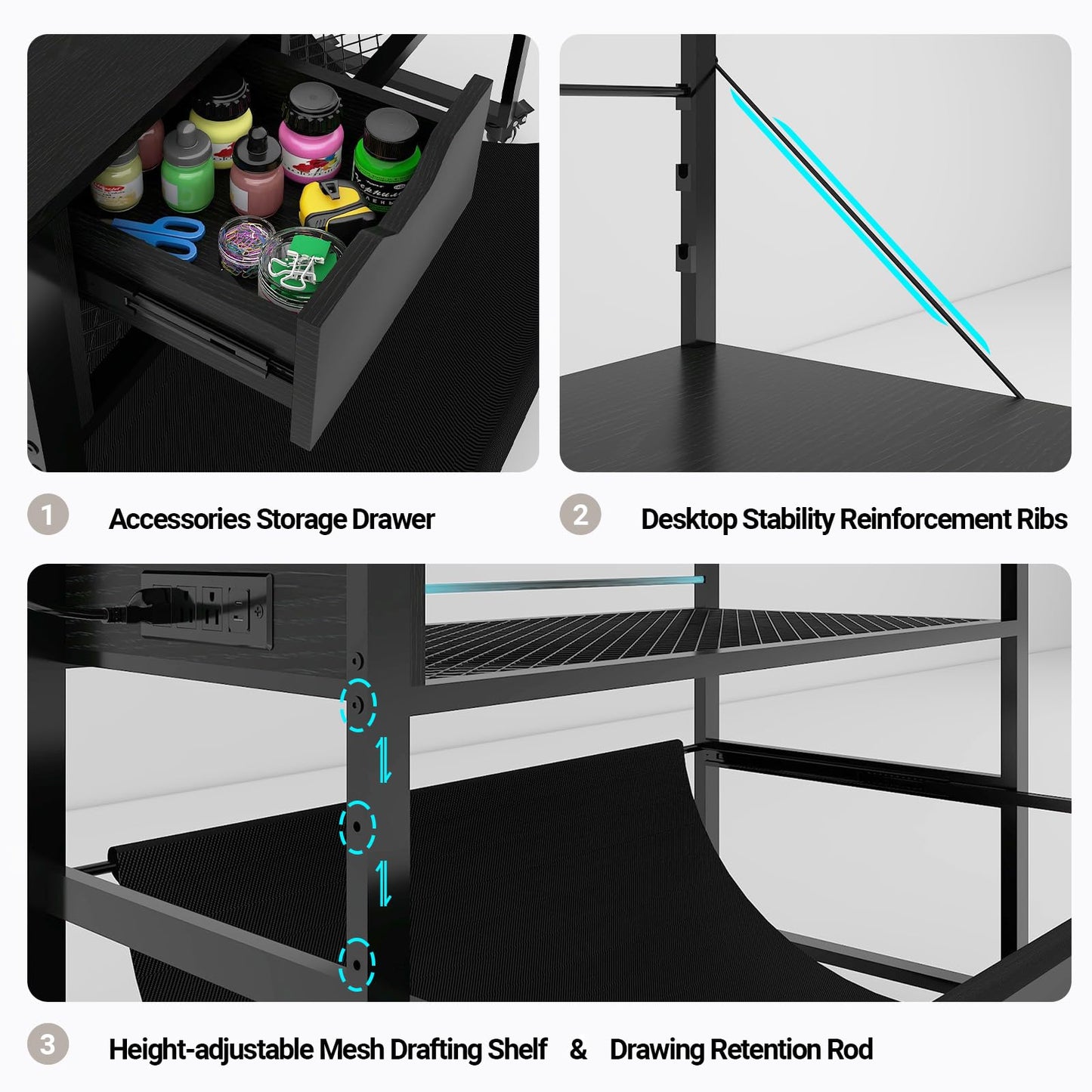 Natwind Wide Format Printer Stand, Plotter Workbench Table with Pull-Out Drafting Storage, Roll Paper Holder, Accessory Drawer, Adjustable Storage Shelf for Plotters and Cutting Machines (Black)