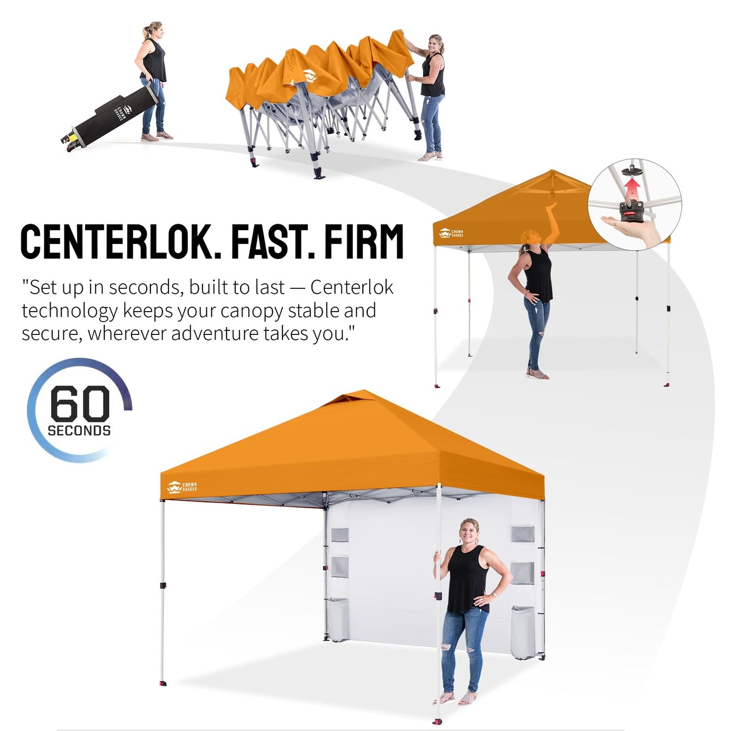 CROWN SHADES Canopy Tent, 10 x 10 Foot Portable Pop Up Outdoor Shelter with Pocket Sidewall, Push Center Lock, UV Protection, and Carry Bag, Orange