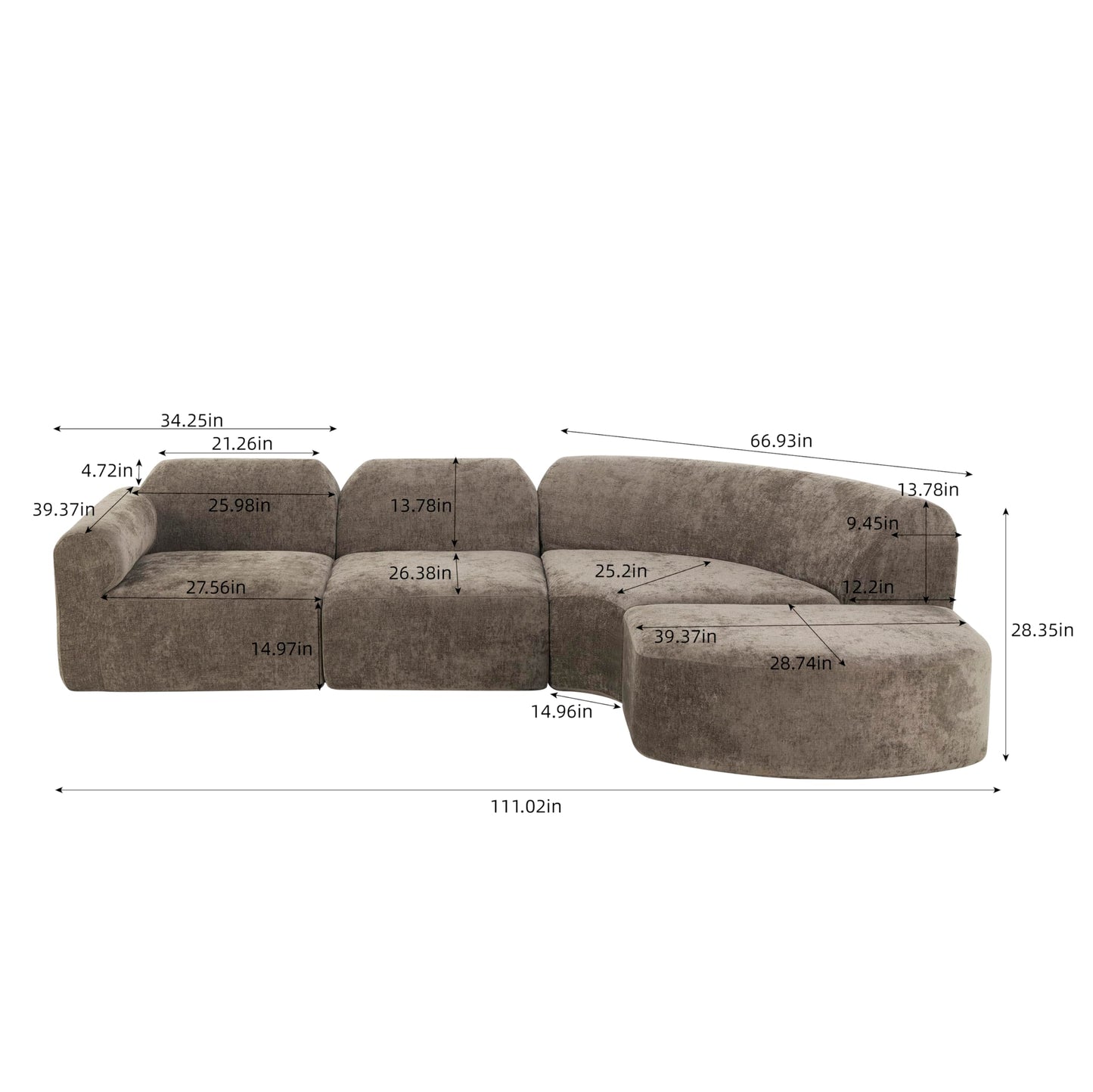 Christopher Knight Home Midel 111" Modular L-Shape Sofa Couch with Chaise Lounge, Modern Boneless Sofa for Living Room, Fabric Upholstered Cloud Couch with Deep Seat, Dark Brown