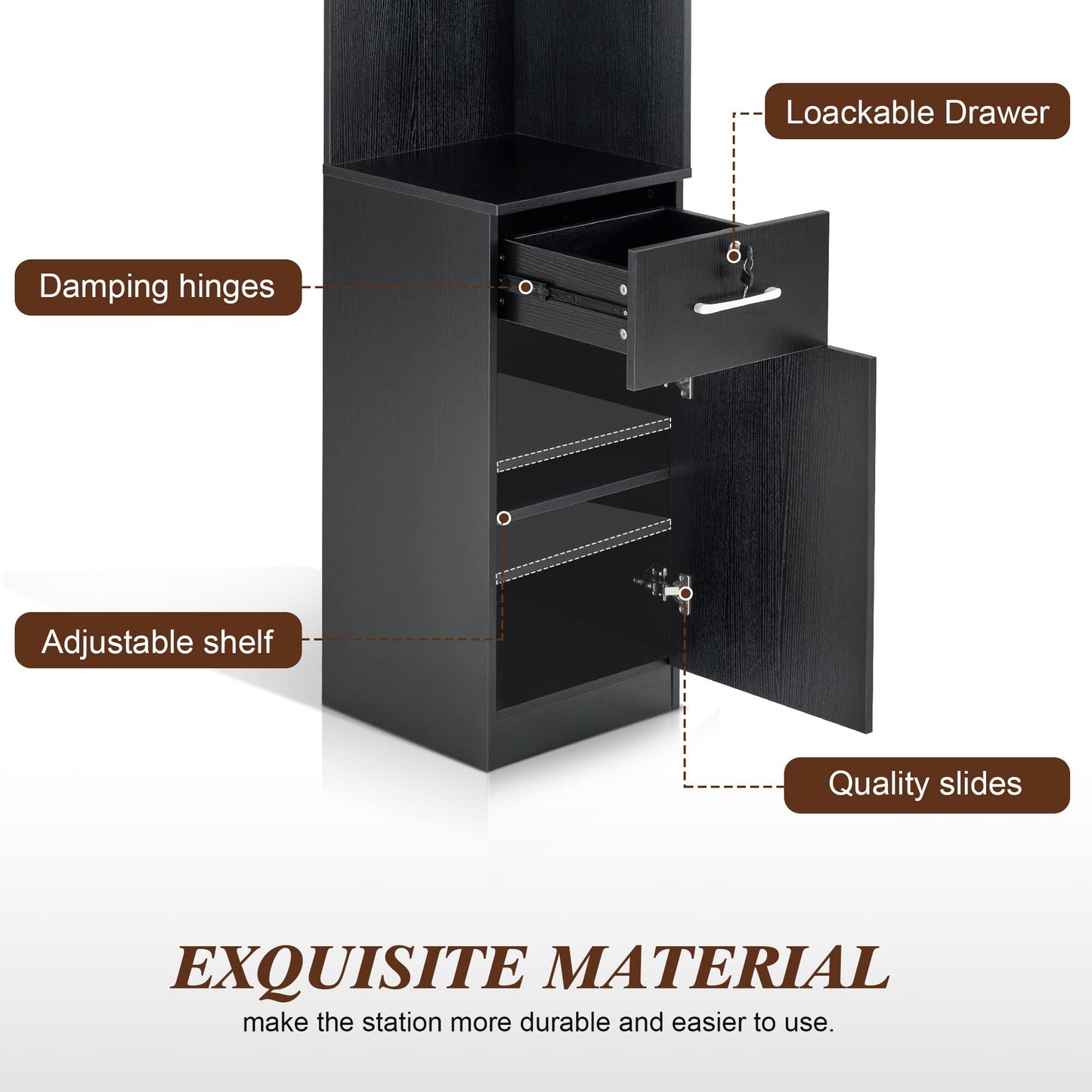 BarberPub Corner Salon Storage Cabinet with Door and Glass Shelves, Beauty Barber Equipment for Storage, 15.8" W x 69.9" H x 15.8" D 3200 (Black)