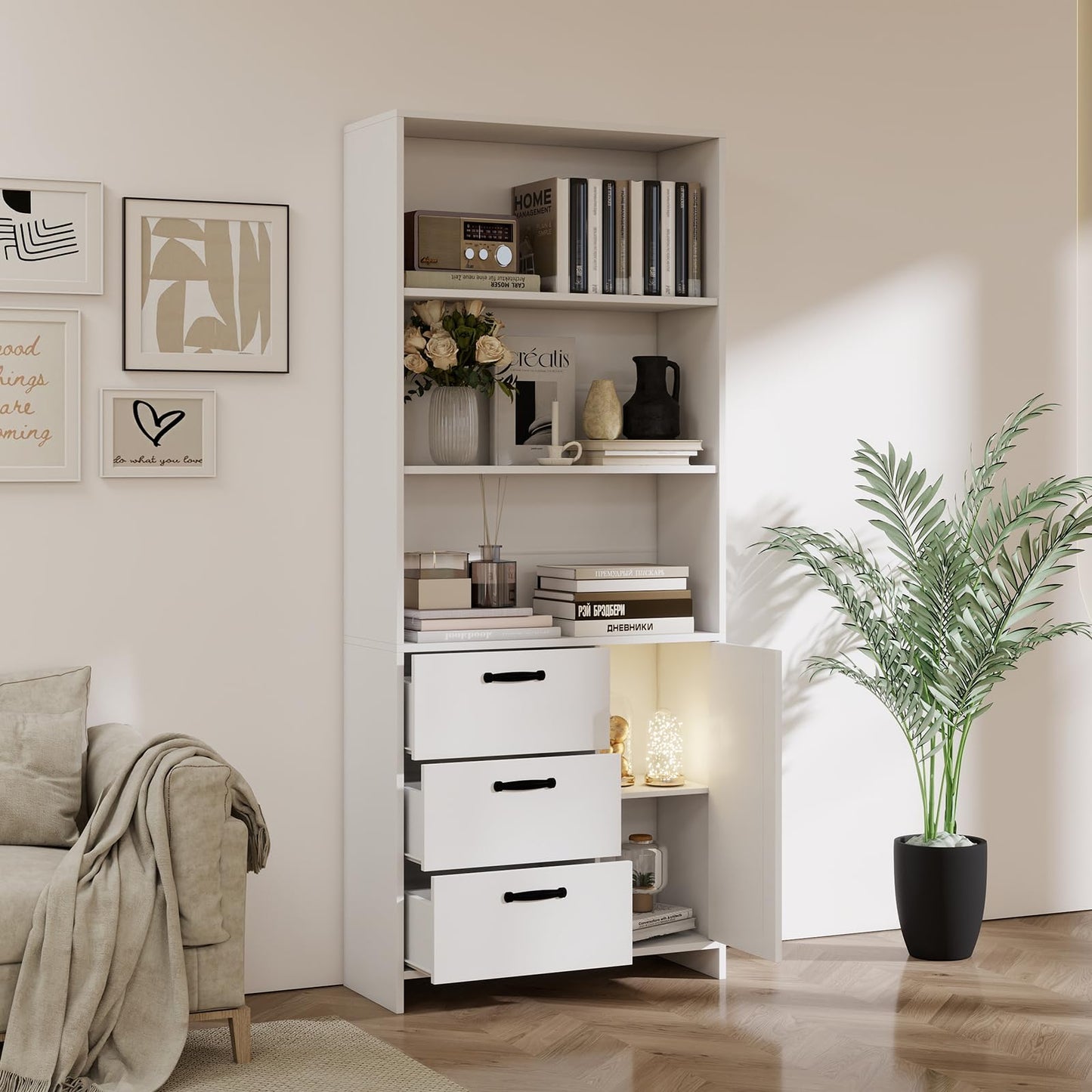 Garvee Bookshelf with Doors and 3 Drawers, 71" Tall Bookcase with 3-Tier Open Shelves, Wooden Book Shelf for Home Office, Living Room, Entrance, Hallway, White