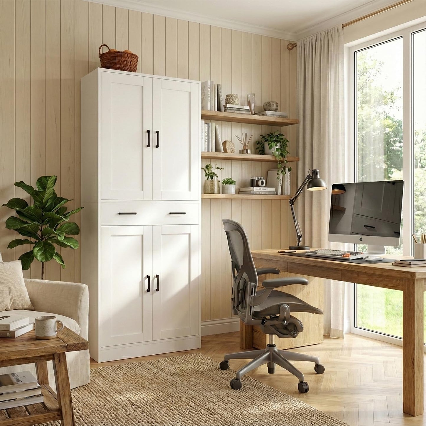 DIYART 71" Tall Kitchen Pantry Cabinet, Freestanding Food Storage Cupboard with Drawer and 4 Doors, Large White Utility Floor Cabinet with Adjustable Shelves for Dining Room, Home Office