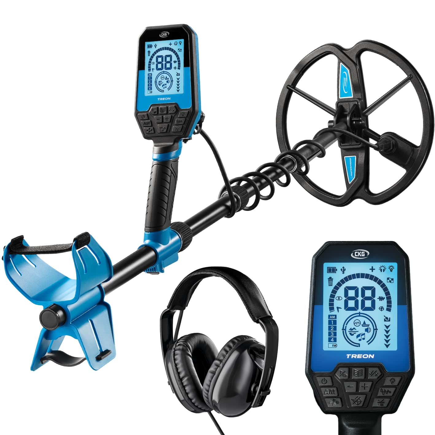 CKG Treon Professional Metal Detector for Adults, Fully Waterproof, 11" DD Coil, High Frequency 18.75 kHz Gold Metal Detector with Treasure, Prospecting, All Metal, Pinpointer Modes
