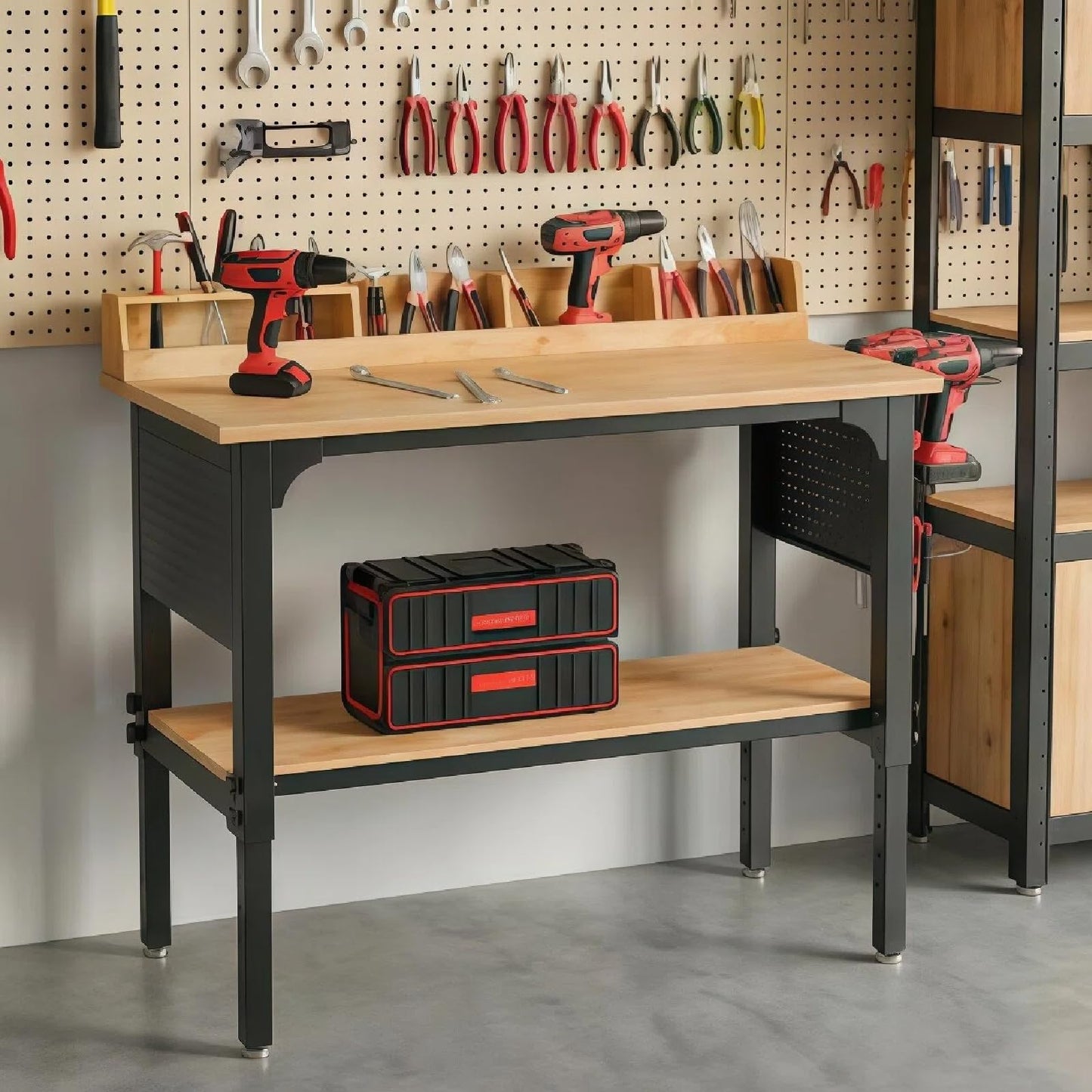 Workbench Adjustable Height Heavy Duty Work Bench with Storage, 2200 LBS Load Capacity Work Table, Pegboard, Built-in Power Outlet, Lockable Wheels for Garage, Workshop, Warehouse & Home