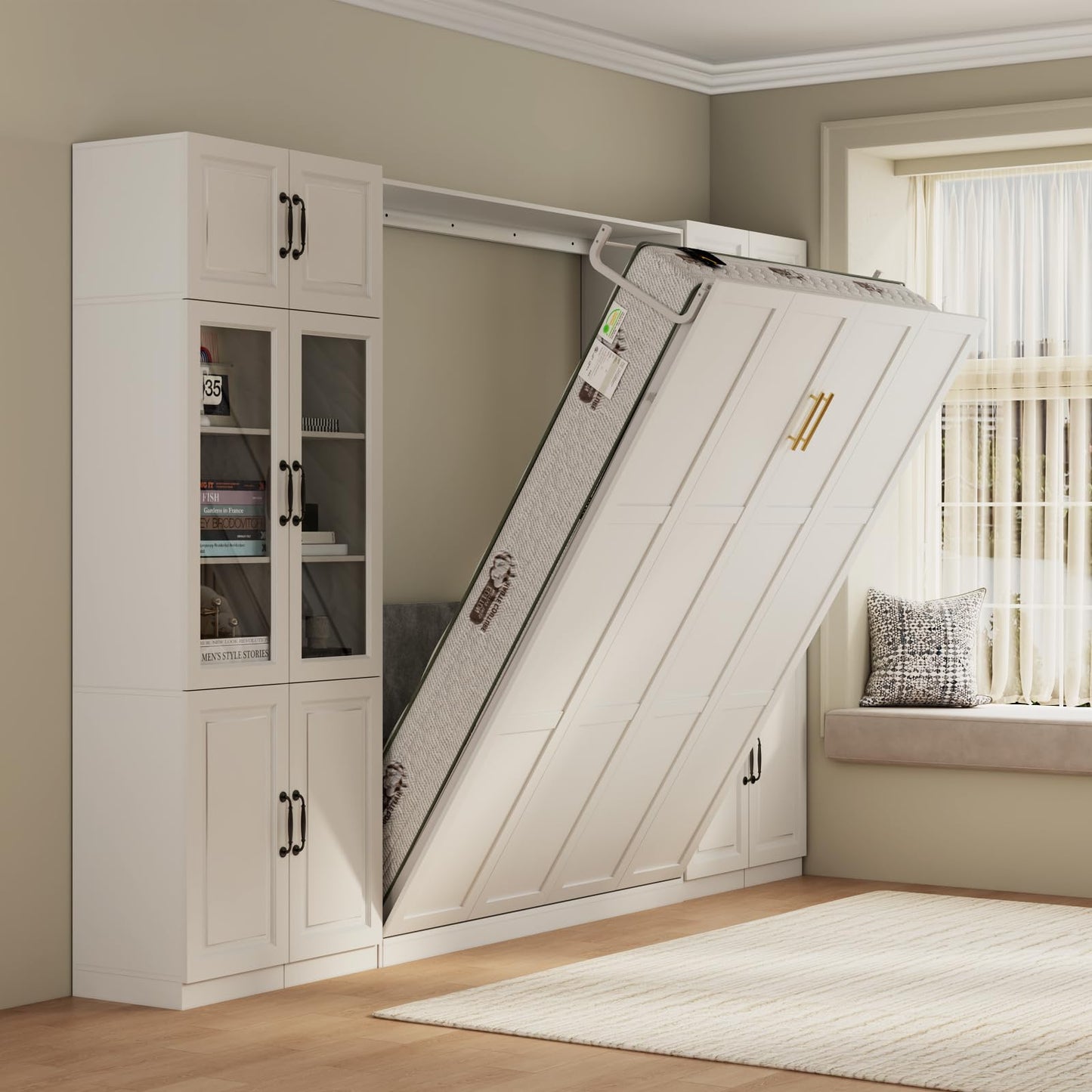 Bobve Farmhouse Murphy Bed Queen, 85" Wall Bed Folds to Save Space, Concealed Bed Frame with 2 Glass Storage Cabinets and Wall Mounted Features for Apartment/Office/Guest Room