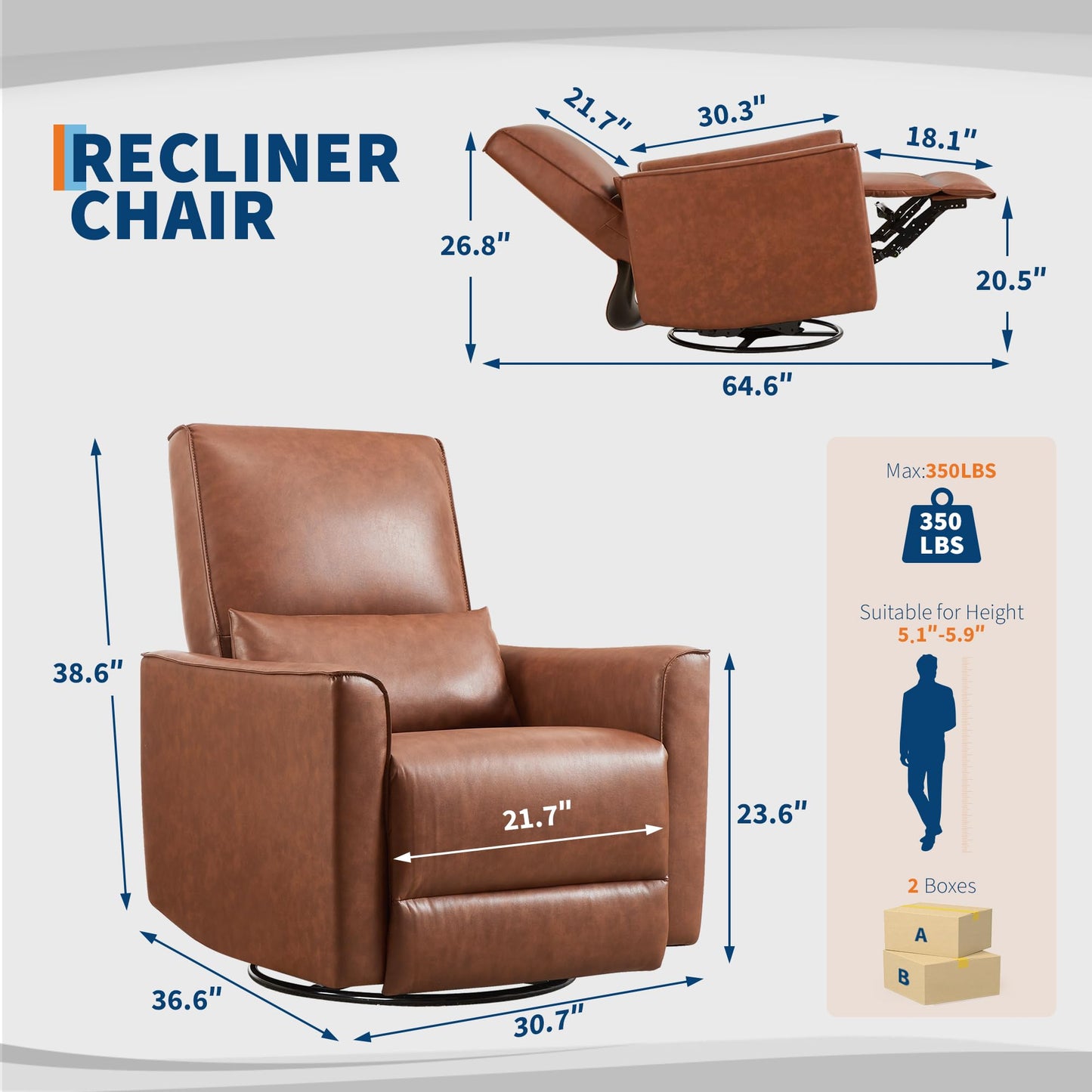 GarveeHome Recliner Chair, 360° Swivel Rocker Glider Nursery Chair with Padded Armrest and Deep Seat, PU Leather Upholstered Reclining Sofa Chair for Living Room, Bedroom and Nursery (Brown)