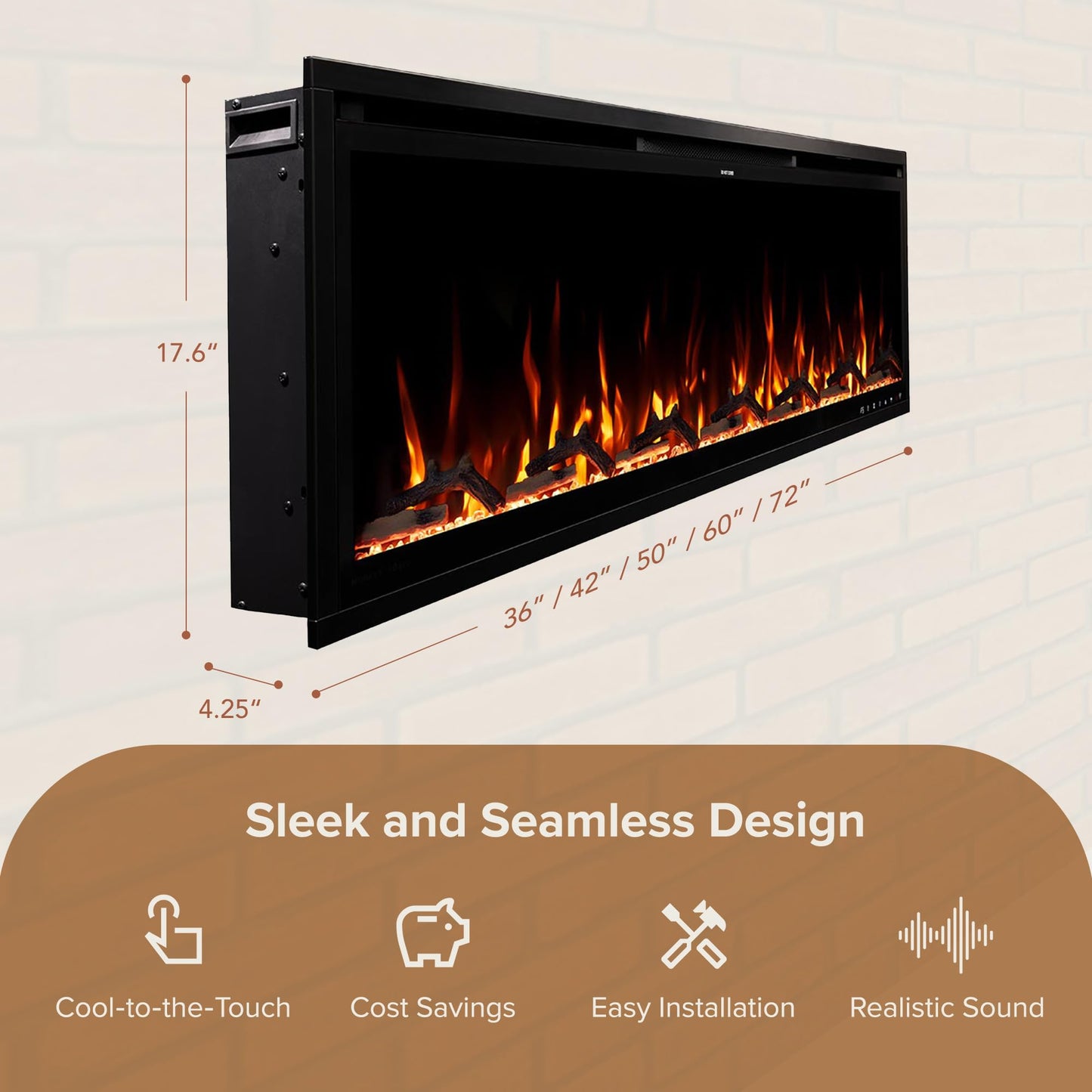 Modern Ember Aerus Slim 60 Inch Smart Linear Electric Fireplace | Recessed in-Wall or Wall-Mount | LED Multiple Flame Colors | Alexa/WiFi Enabled | 4.25” Profile | Remote Included