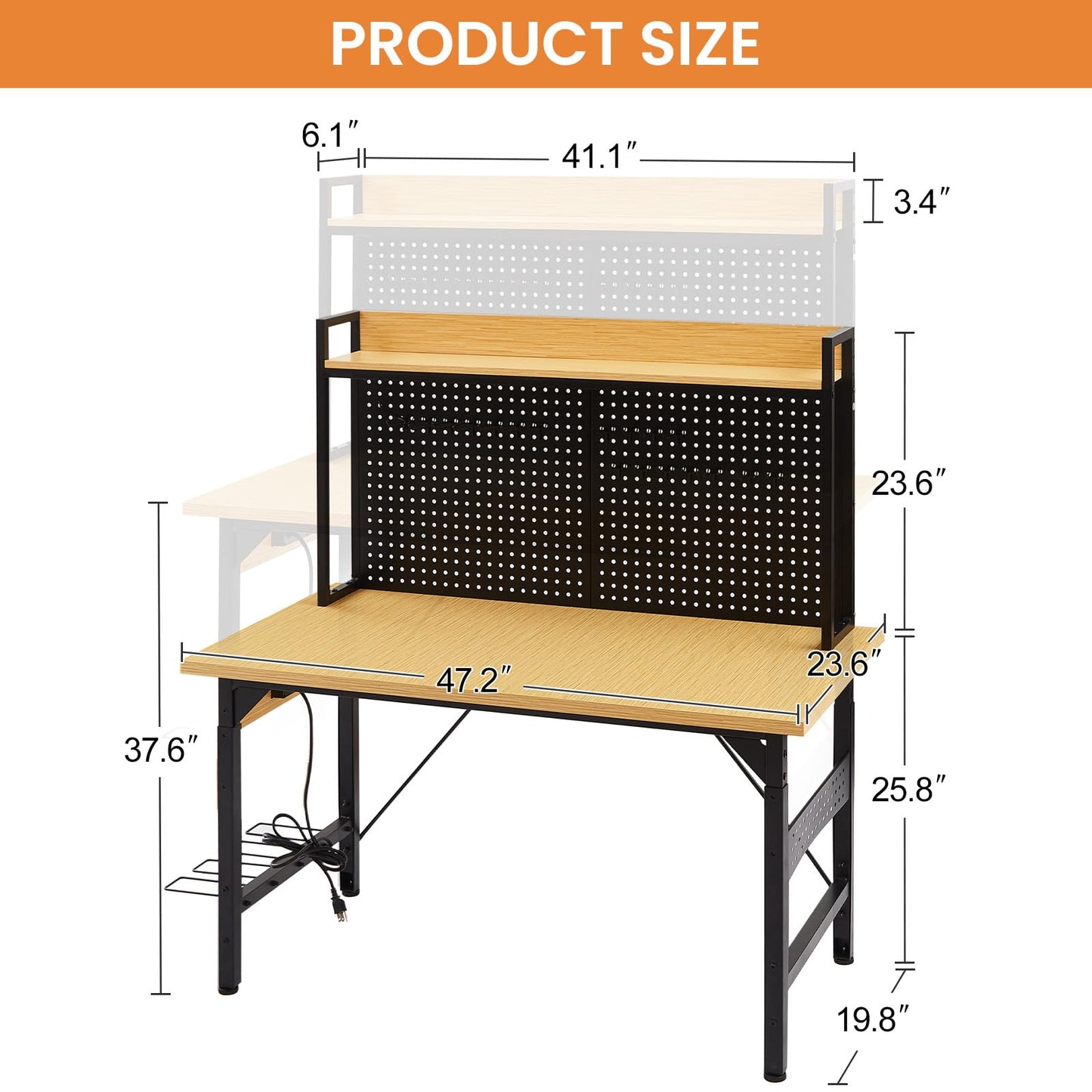 KEIKI 48 Inch Adjustable Workbench with Pegboard and Outlets, Heavy Duty Rolling Work Bench with Wheels, Wooden Desktop Shelf Hooks, 2000 lbs Capacity for Garage Workshop Home, Yellow Black