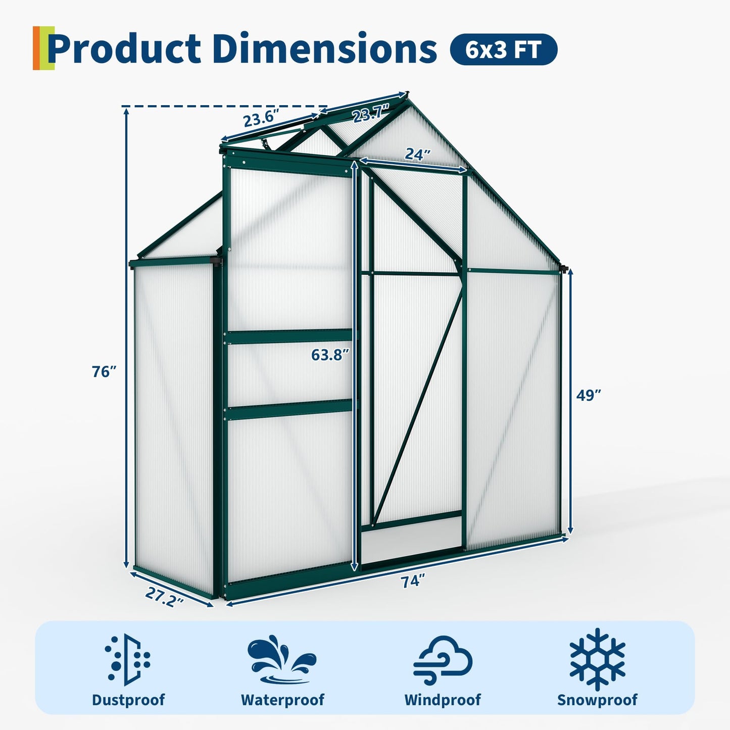 MilleLoom 6x3Ft Greenhouse for Outdoors, Polycarbonate Greenhouse with Quick Setup Structure, Roof Vent&Sliding Door, Aluminum Large Walk-in Green House for Outside Garden Backyard, Patio, Lawn, Green