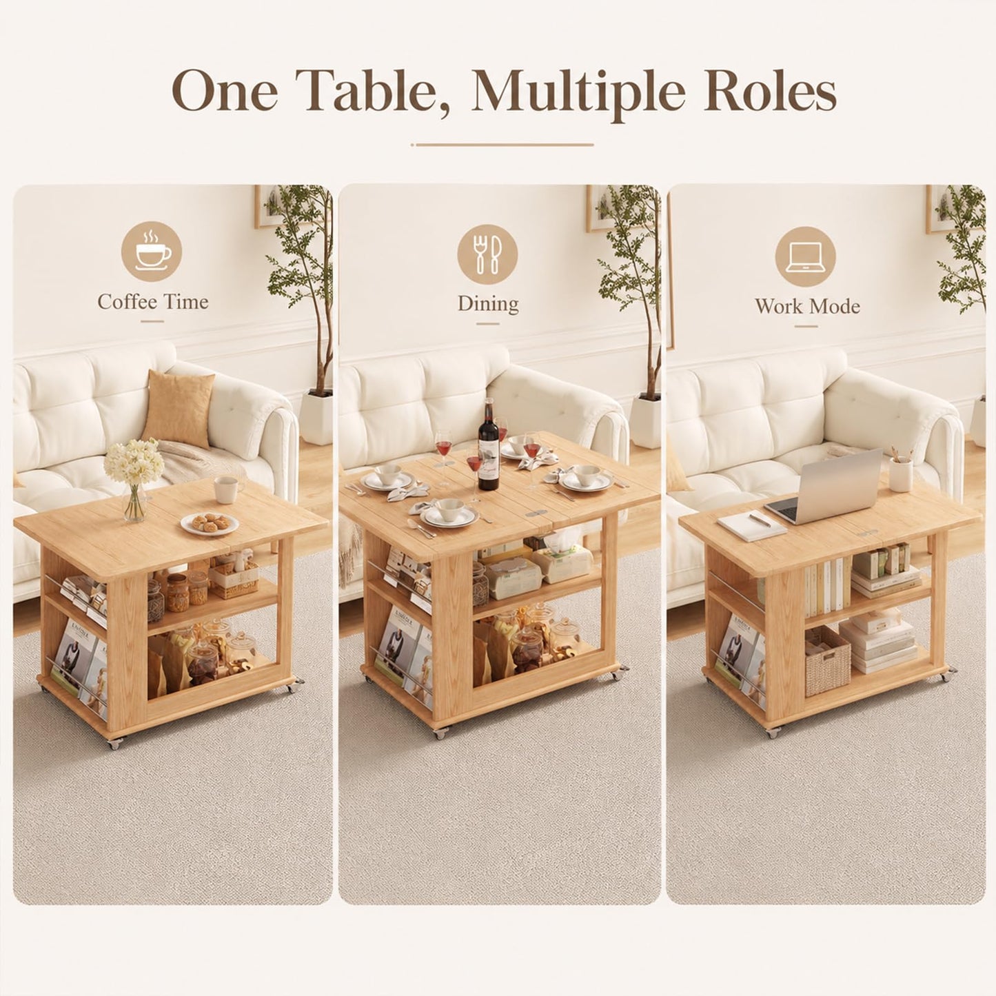 YQJJGL Expandable Coffee Table with Hidden Storage and Wheels, Convertible Wood Center Table with 2-Tier Adjustable Shelves, Rolling Coffee Table for Living Room, Small Spaces,Natural