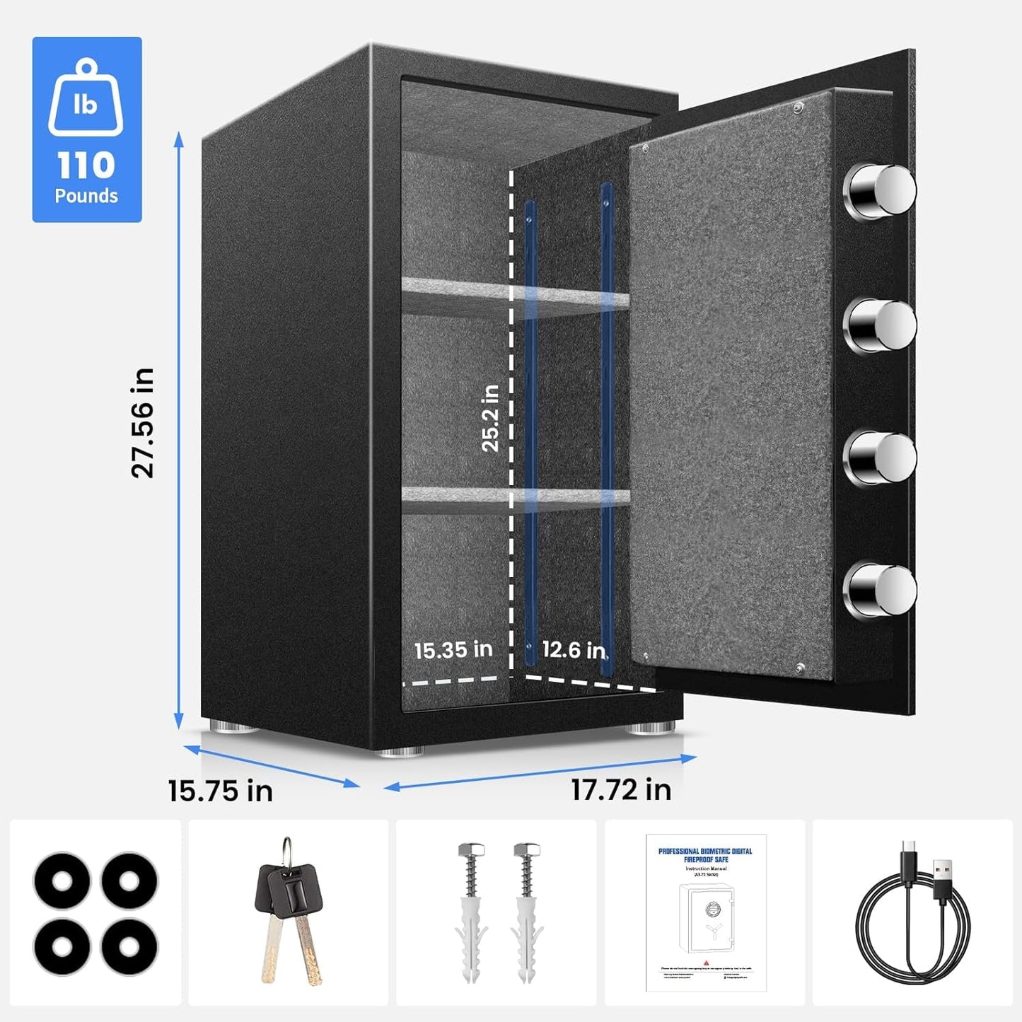 Large 8.0 Cu Ft Fireproof Waterproof Biometric Safe with Fingerprint Keypad Lock, 120LB Heavy Duty Security Safe for Home Office Documents Jewelry Guns Cash, LED Light Type-C Handle