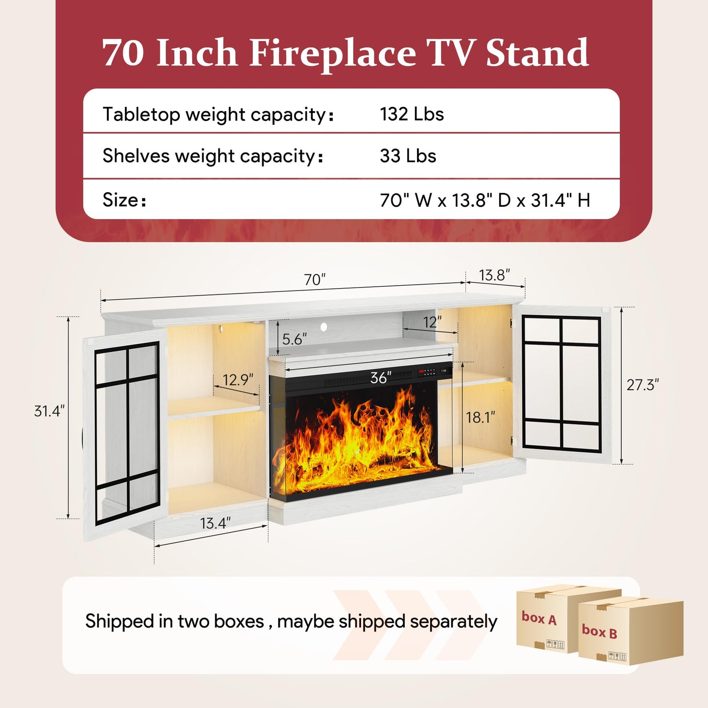 MXV 70'' Fireplace TV Stand, Farmhouse Entertainment Center with 3 Sided Glass TV Stand, Modern Media Console Table with Storage Drawers & Cabinets with LED Flame and Lights for Living Room, White