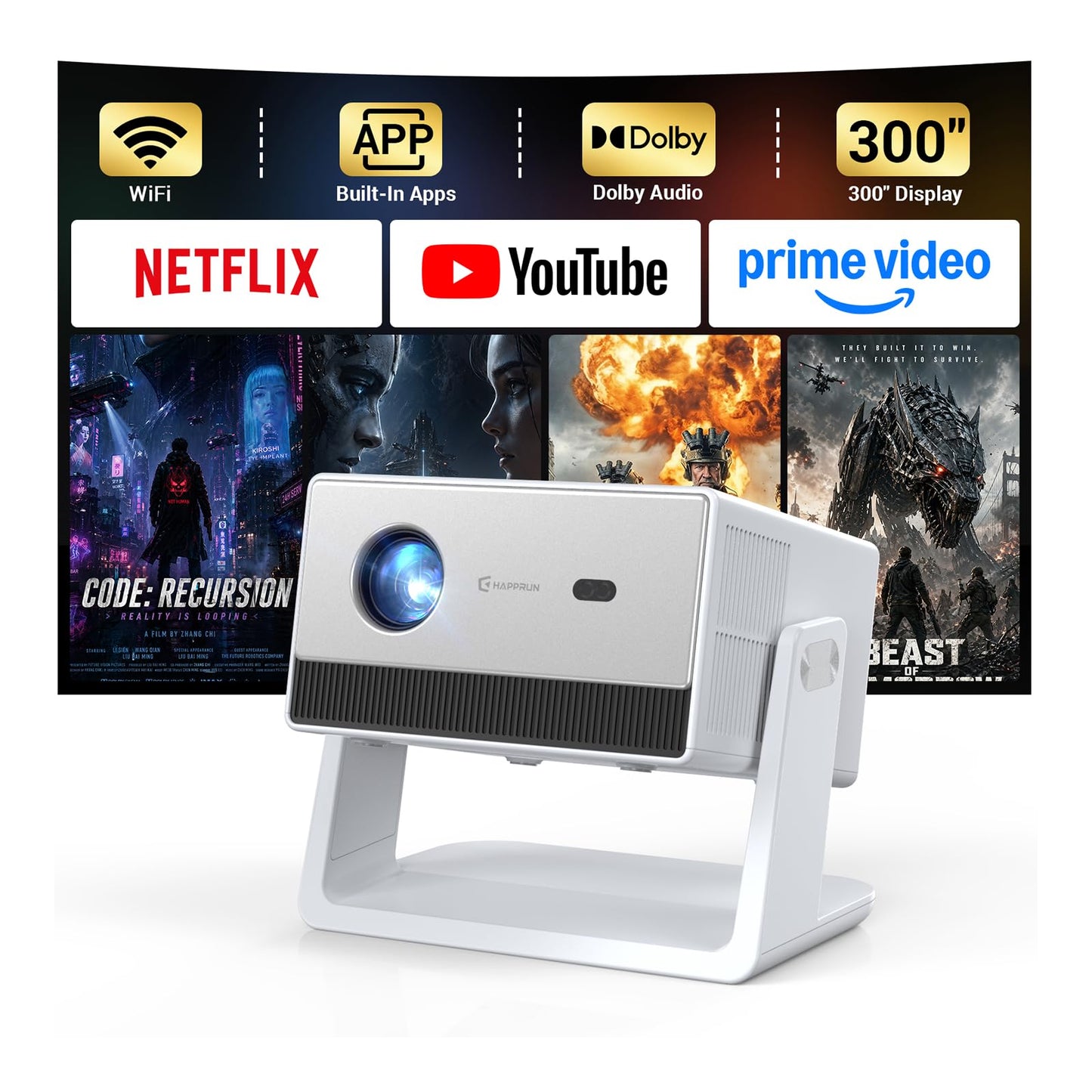 1500 ANSI Smart Projector, Portable Projector with WiFi and Bluetooth, HAPPRUN 4K Full HD Home Theater with 270° Stand, Dolby Sound, Built-in Apps,Compatible with Phone & PC, Indoor & Outdoor Use