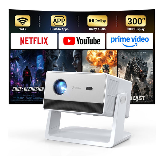 1500 ANSI Smart Projector, Portable Projector with WiFi and Bluetooth, HAPPRUN 4K Full HD Home Theater with 270° Stand, Dolby Sound, Built-in Apps,Compatible with Phone & PC, Indoor & Outdoor Use