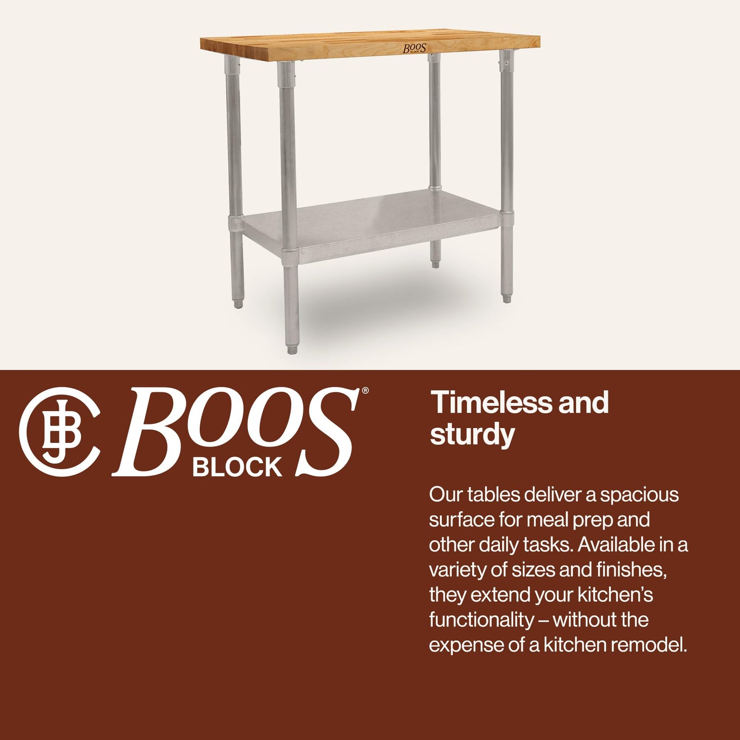 John Boos Maple Wood Top Work Table, 36”x24”x36” – 1.5” Thick Tabletop, 68-lb Kitchen Station with Wooden Edge-Grain Table & Steel Base, & Adjustable Shelf