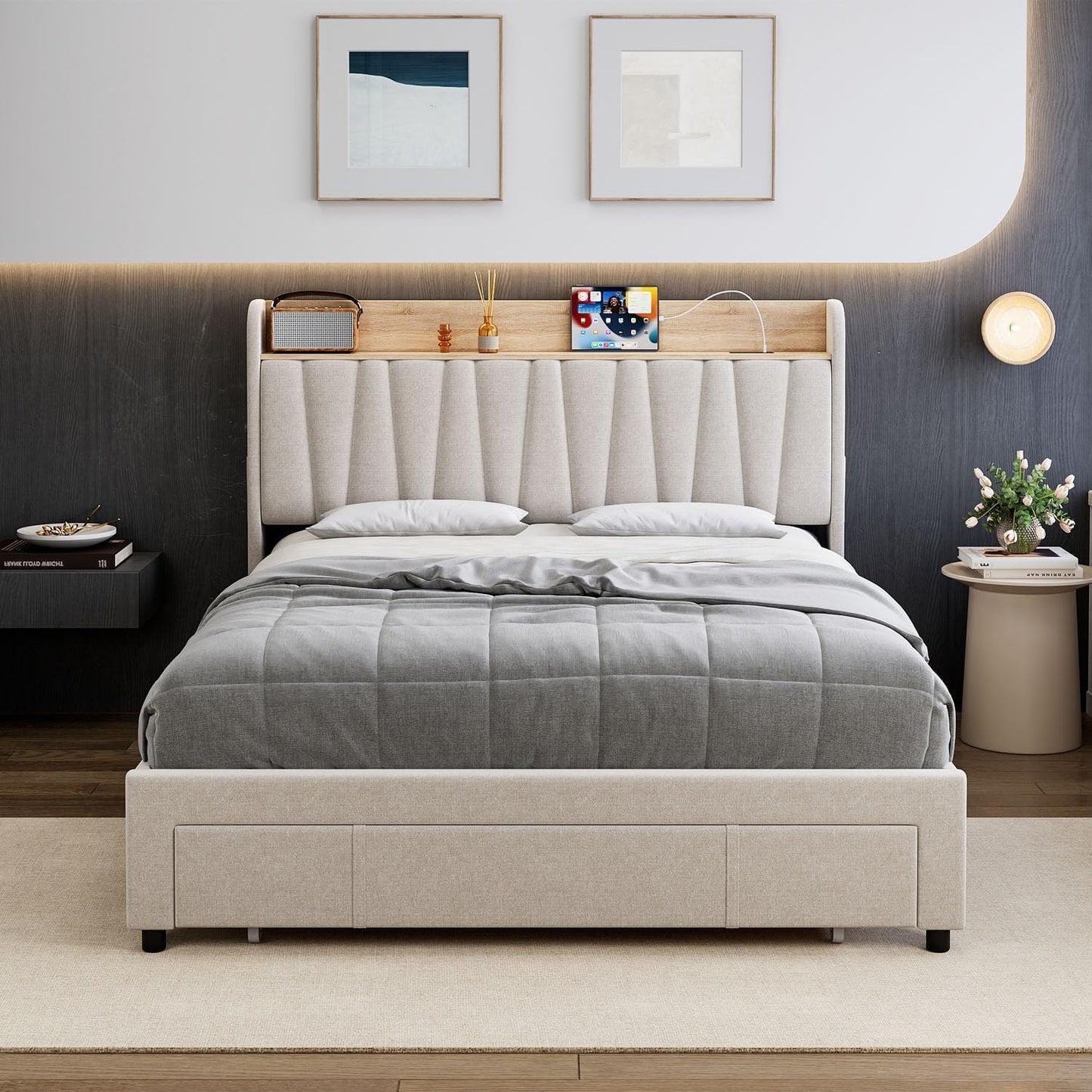 IDEALHOUSE Upholstered Bed Frame with Storage Headboard and Charging Station, Platform Bed Frame with Drawers, Heavy Duty, No Box Spring Needed, Easy Assembly, Beige, Queen Size
