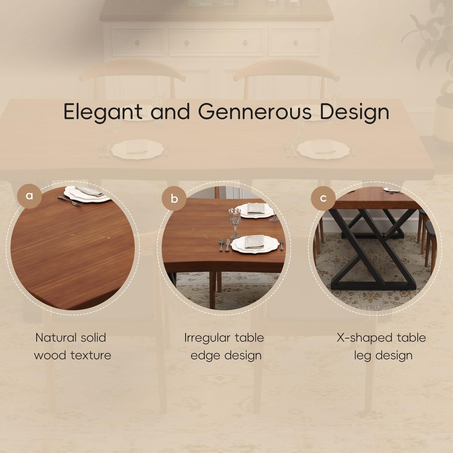 tiedingding 47" Solid Wood Dining Table, Rectangular Kitchen Table with Irregular Live Edge & Thick Tabletop, X-Shape Metal Legs, Oil Proof & Easy Clean, Rustic Brown， for 2-4 People