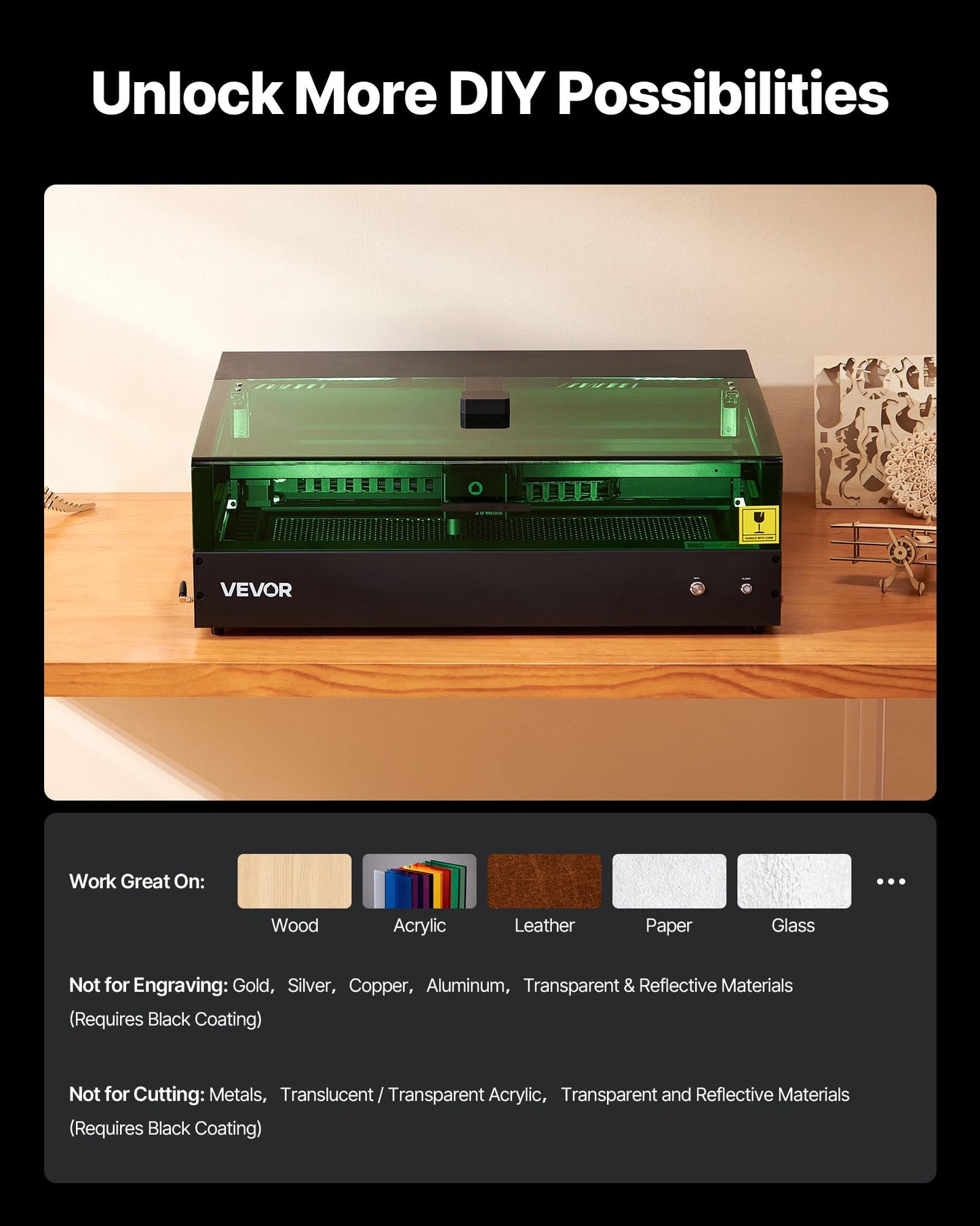 VEVOR Laser Engraver, 20W, Laser Engraving and Cutting Machine with Enclosure Camera, Laser Cutter, 36000 mm/min, 19.7 x 12.6 in Working Area, for Wood, Leather, Glass, Paper, Certain Metal, Class 1