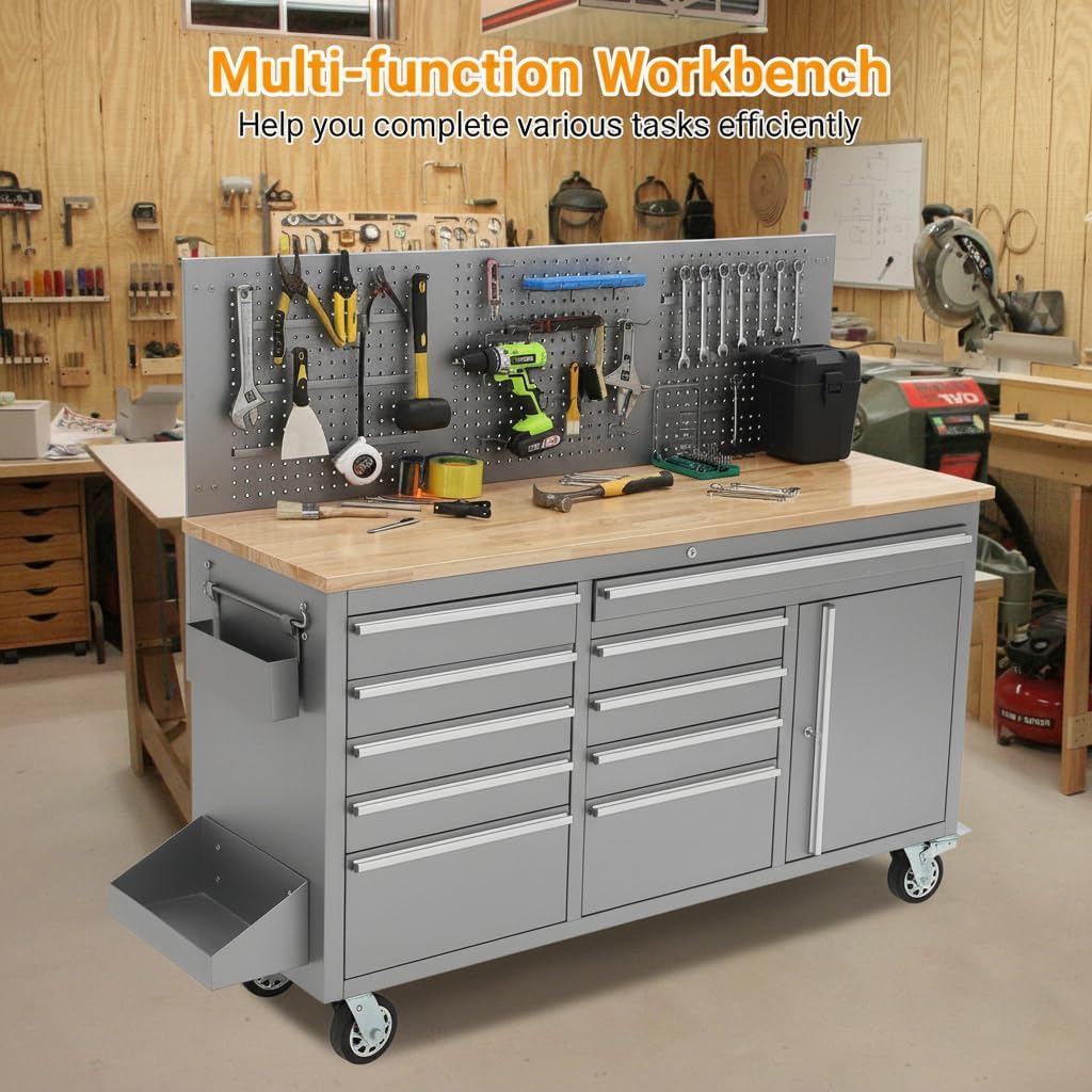 GarveeTech 61-Inch Rolling Tool Chest, 10-Drawer Heavy Duty Garage Workbench with Solid Rubber Wood Top, Power Strip, 1675 LBS Load Mobile Storage Tool Cabinet - Black Workstation