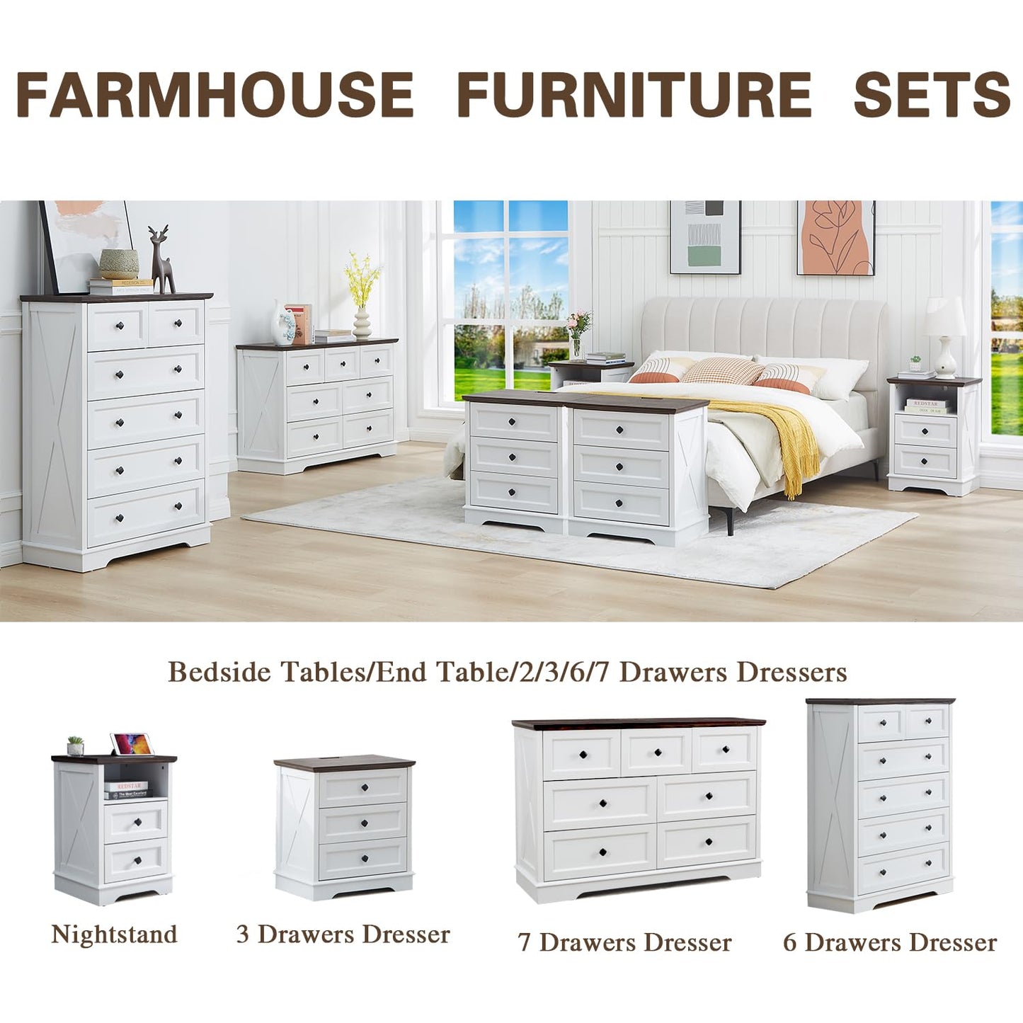 7 Drawers Dresser, Farmhouse Dresser Chest of Drawer for Bedroom, Modern Wood Drawers Dressers with Charging Station, Chest of Drawers Storage Cabinet for Living Room, Entryway, Hallway, White