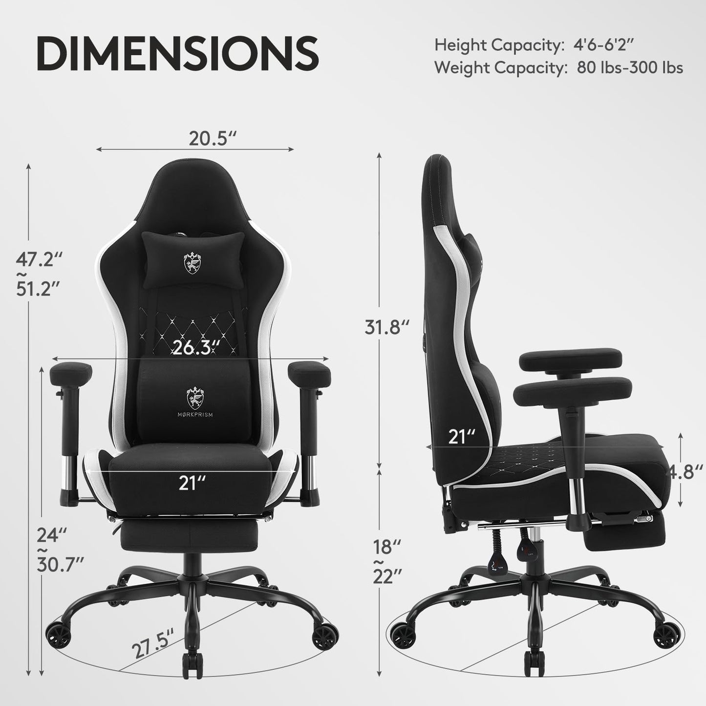 Morkprism Gaming Chair Breathable Fabric,Computer Office Chair with Footrest,Massage Lumbar Support and Gel Pad,Ergonomic Reclining Gamer Chair with Adjustable Armrests and Spring Cushion Black Grey