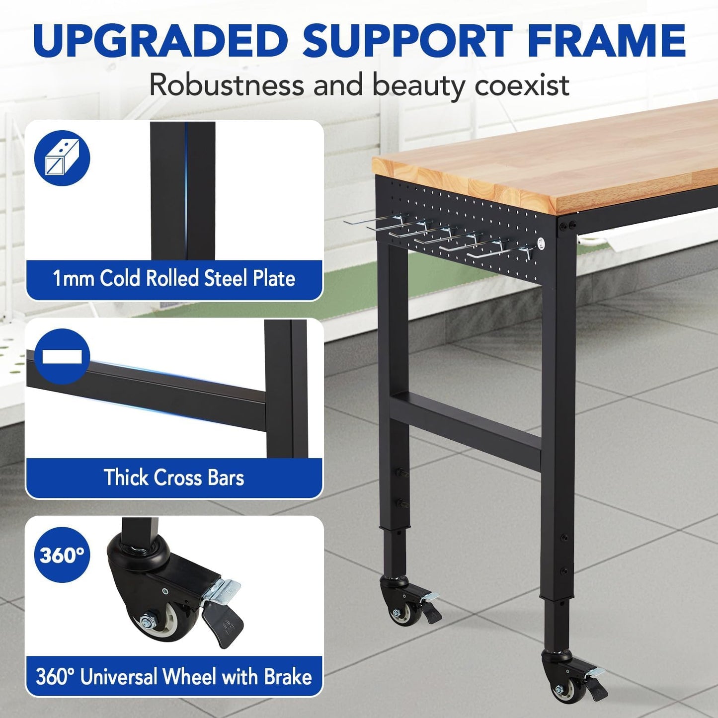 GAOMON 72"x25" Workbench, Heavy-Duty Garage Work Table, Heavy-Duty Table with Power Outlets, Rubber Wood Top, Adjustable Height 29.5"-38.4" for Workshop, Home, Office - 2000 Lbs Capacity